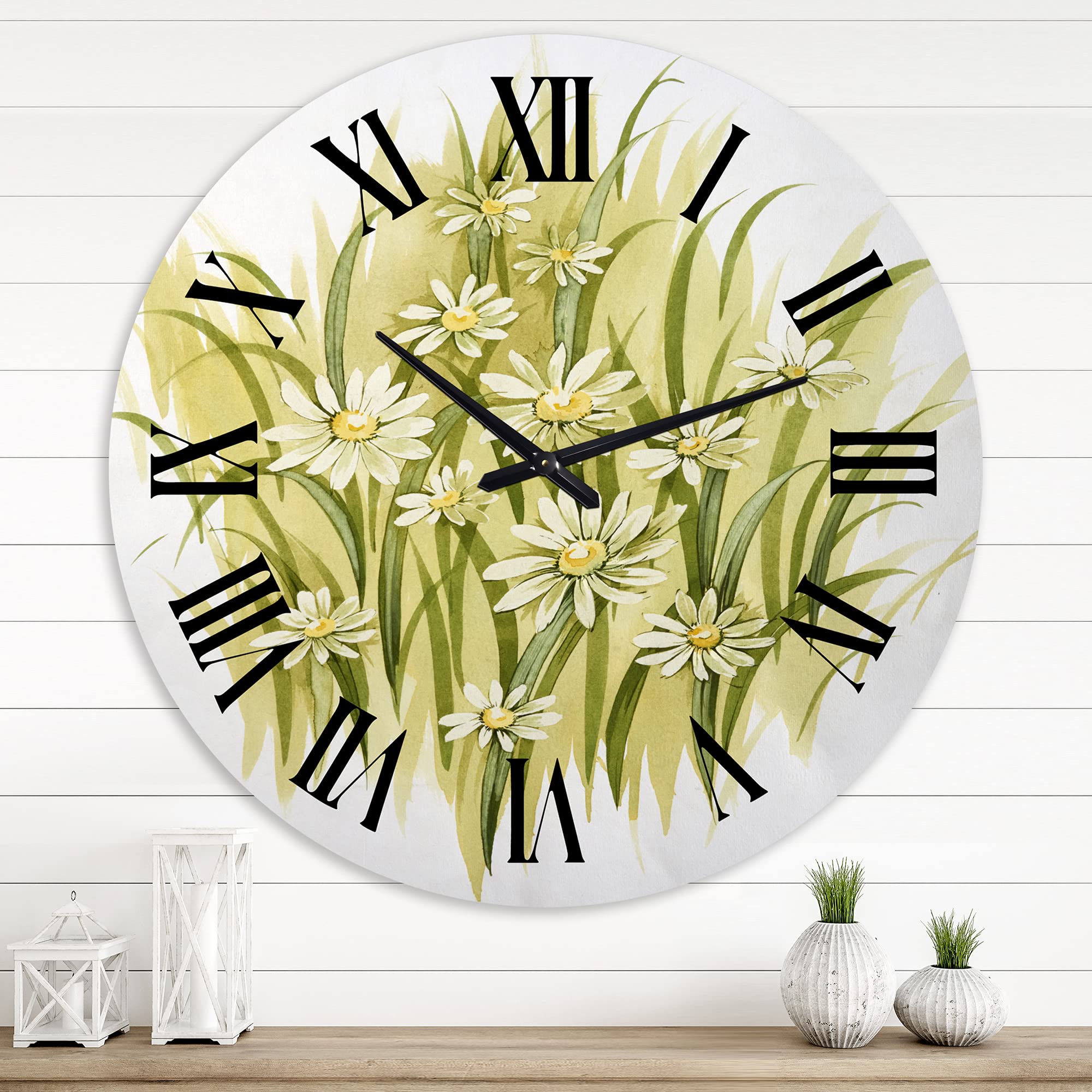 DesignQ Traditional Wall Clock 'White Meadow Flowers' - Large Floral & Botanical Wall Clock for Bedroom, Living Room, Kitchen Decor - Perfect for Home, Office & Farmhouse Style Interiors