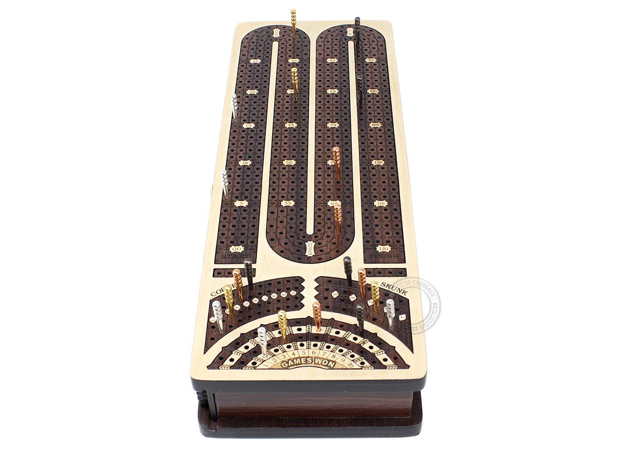 Premium Continuous Cribbage Board with 4 Tracks - Maple & Rosewood Inlaid Box with Sliding Lids, Drawer & Score Marking Fields for Skunks, Corners & Won Games | Perfect for Family Game Nights, Travel & Competitive Cribbage Play