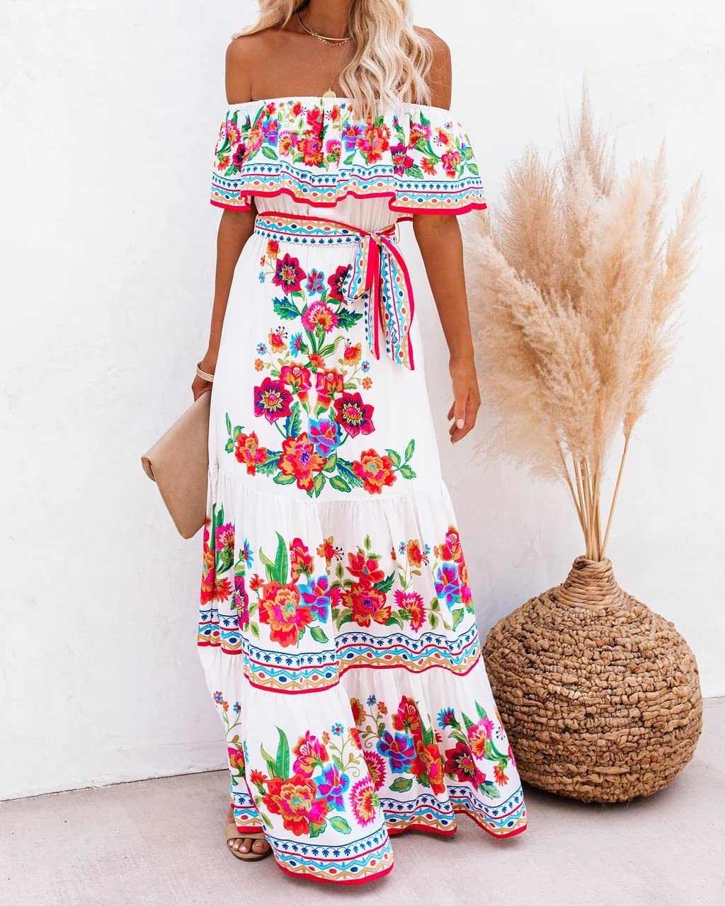 Women's Floral Maxi Dress - Off Shoulder Strapless Ruffle Short Sleeve Boho Beach Dress for Summer Vacation, Party & Date Night | Lightweight Flowy Ethnic Style