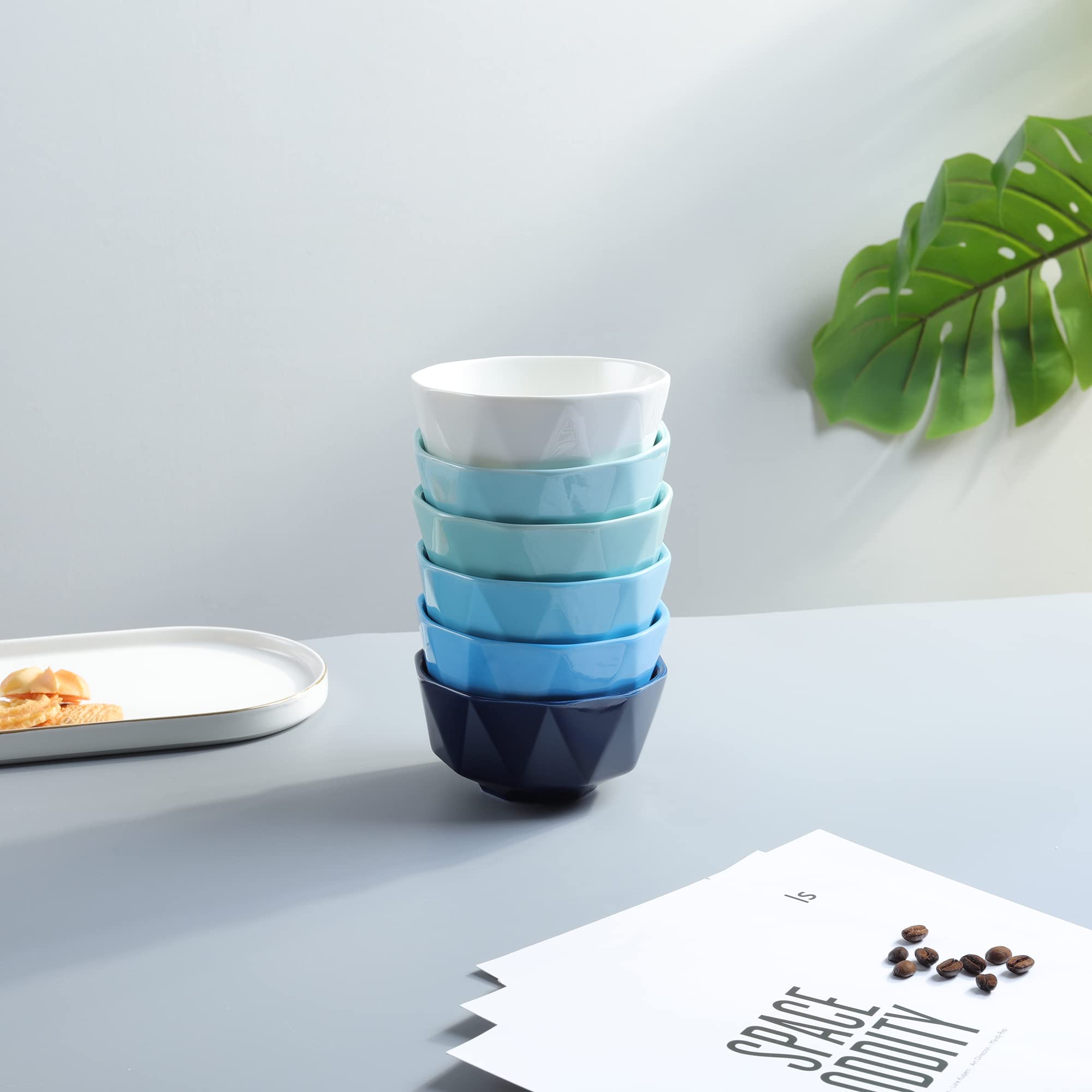 Fanquare 12oz Blue and White Rice Bowls Set of 6, Porcelain Cereal Bowls - Microwave Safe Soup Bowls for Ramen, Noodles, Salad & Desserts - Perfect for Home, Restaurant & Meal Prep