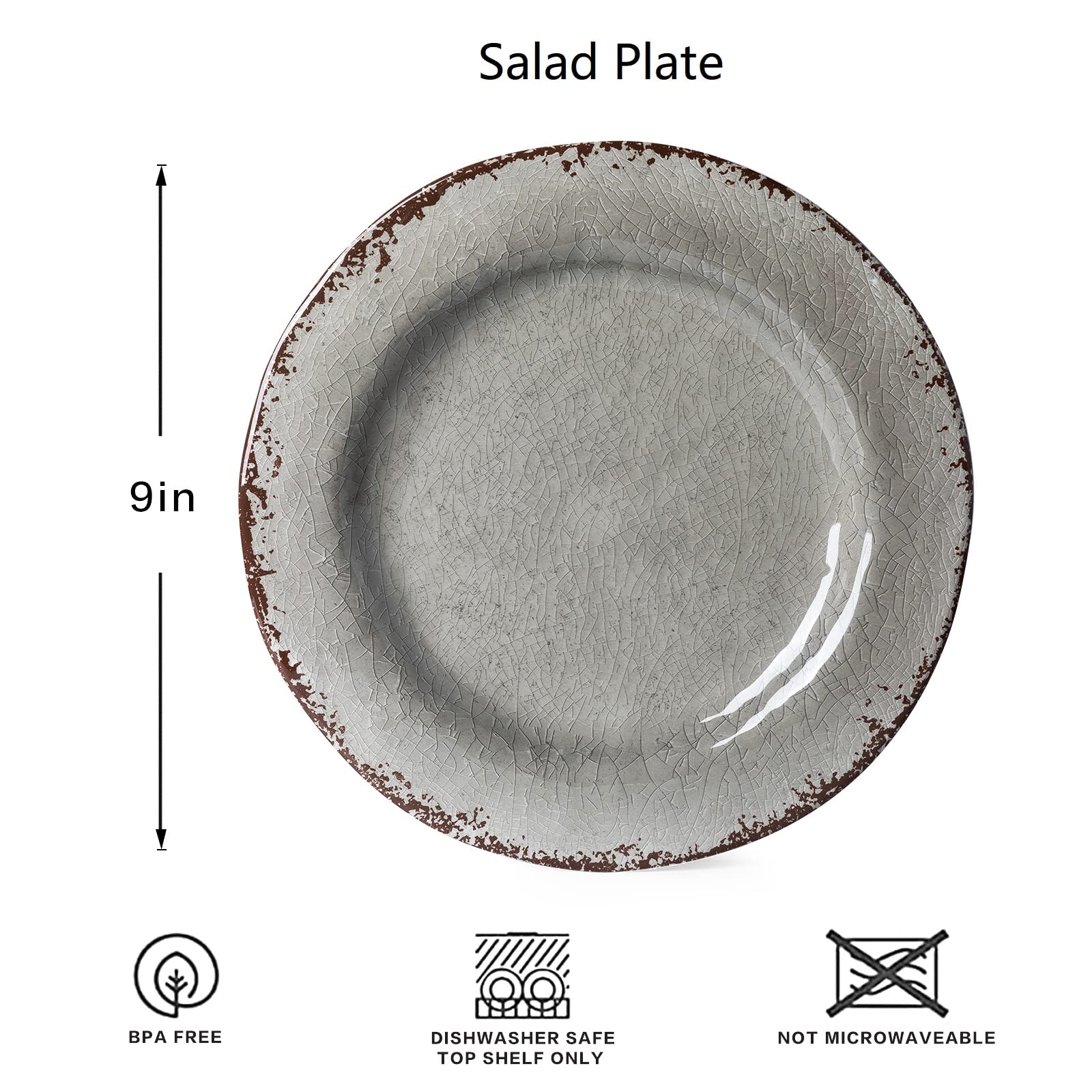 LEHAHA 9 Inch Gray Melamine Dinner Plates Set of 6 - Farmhouse Style Salad & Dessert Plates, Durable Break-Resistant & Stain-Resistant Dishware - Perfect for Dining Parties, Weddings, Picnics, BBQs, Restaurants & Home Use