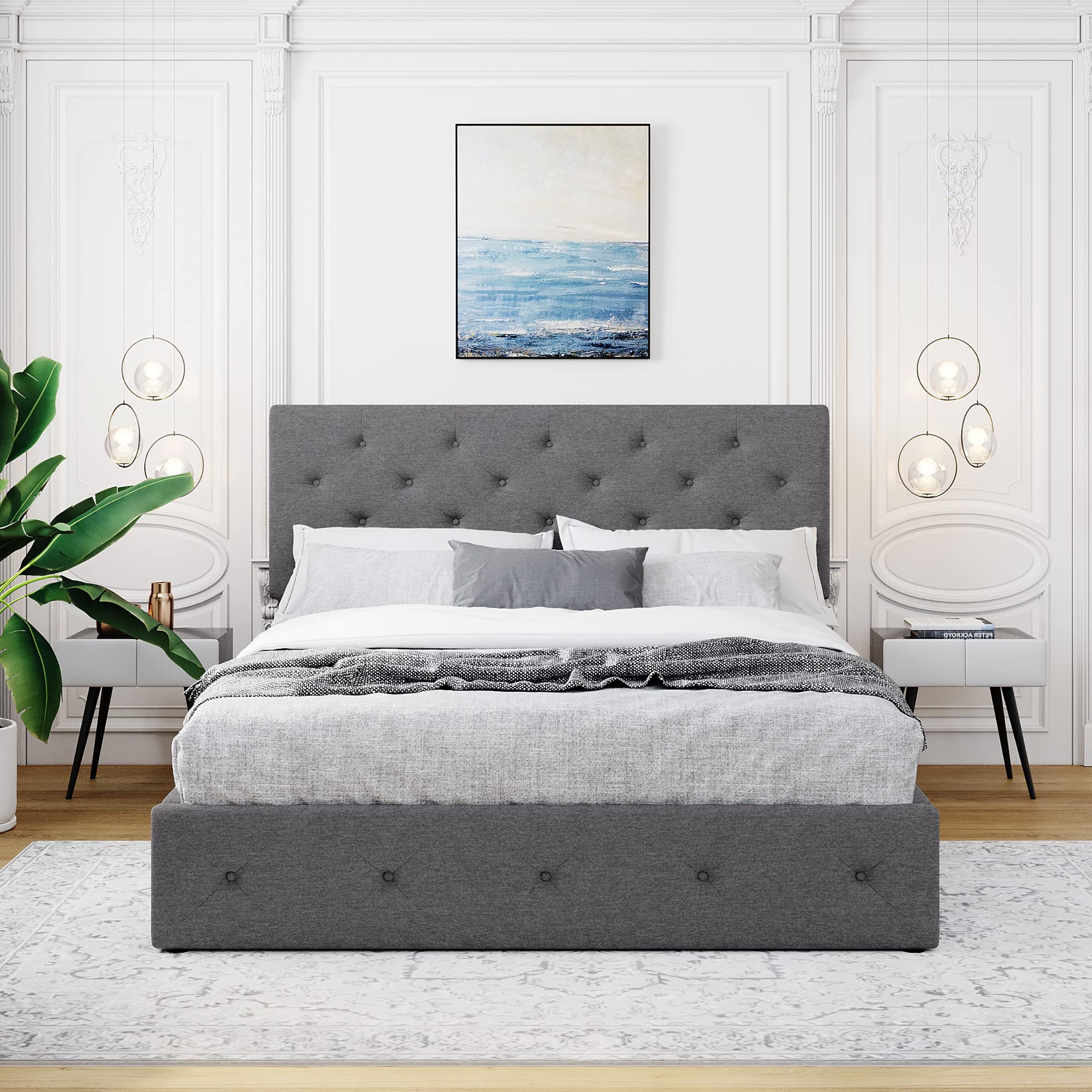 Merax Queen Size Upholstered Platform Bed with Storage - Hydraulic Lift System, Headboard & Gas Lift Storage - Grey Upholstered Bed Frame for Master Bedroom, Guest Room or Small Space Organization