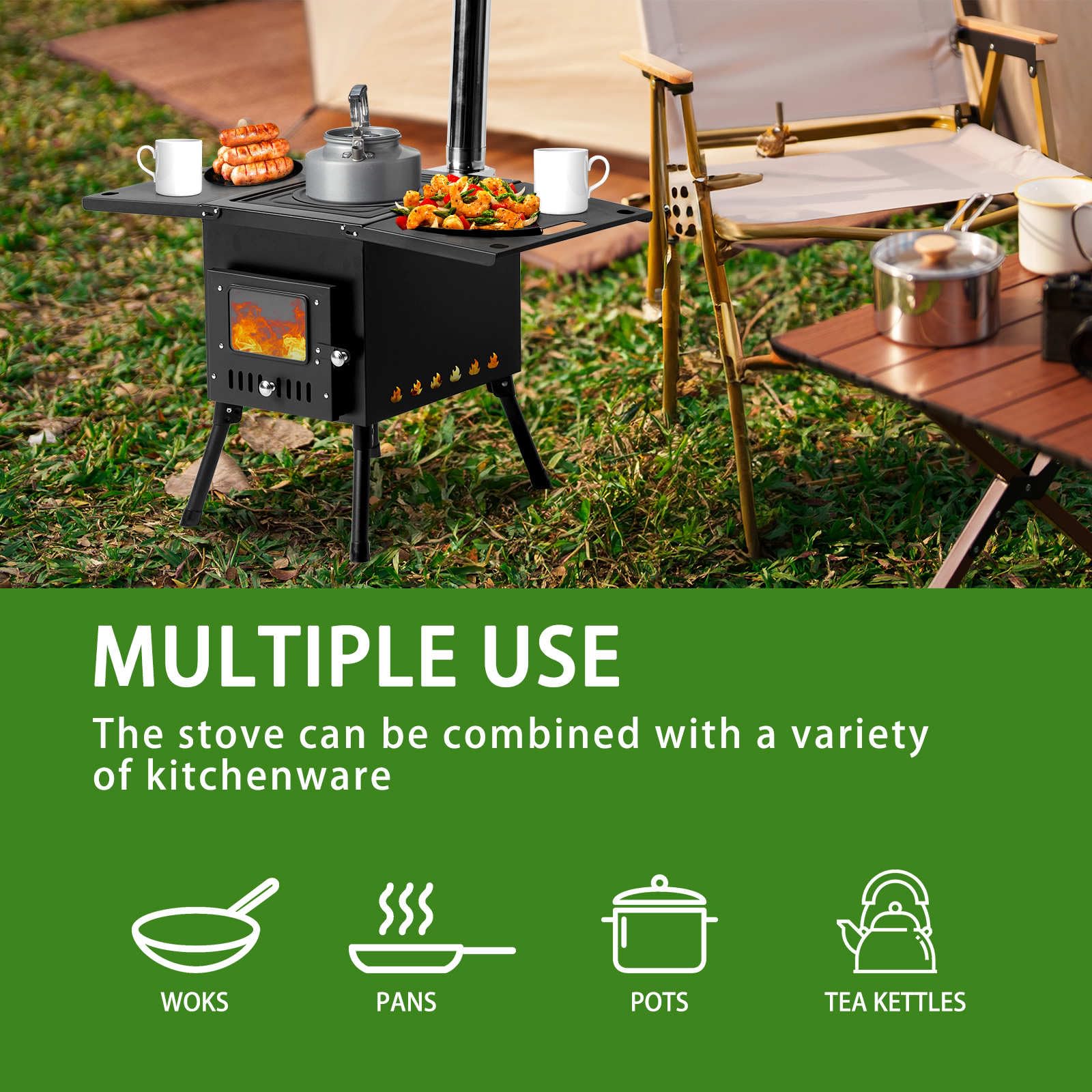 Portable Wood Burning Camping Stove - Foldable Iron Panel Tent Stove with Chimney Pipes for Outdoor Heating, Cooking & Survival (30.5