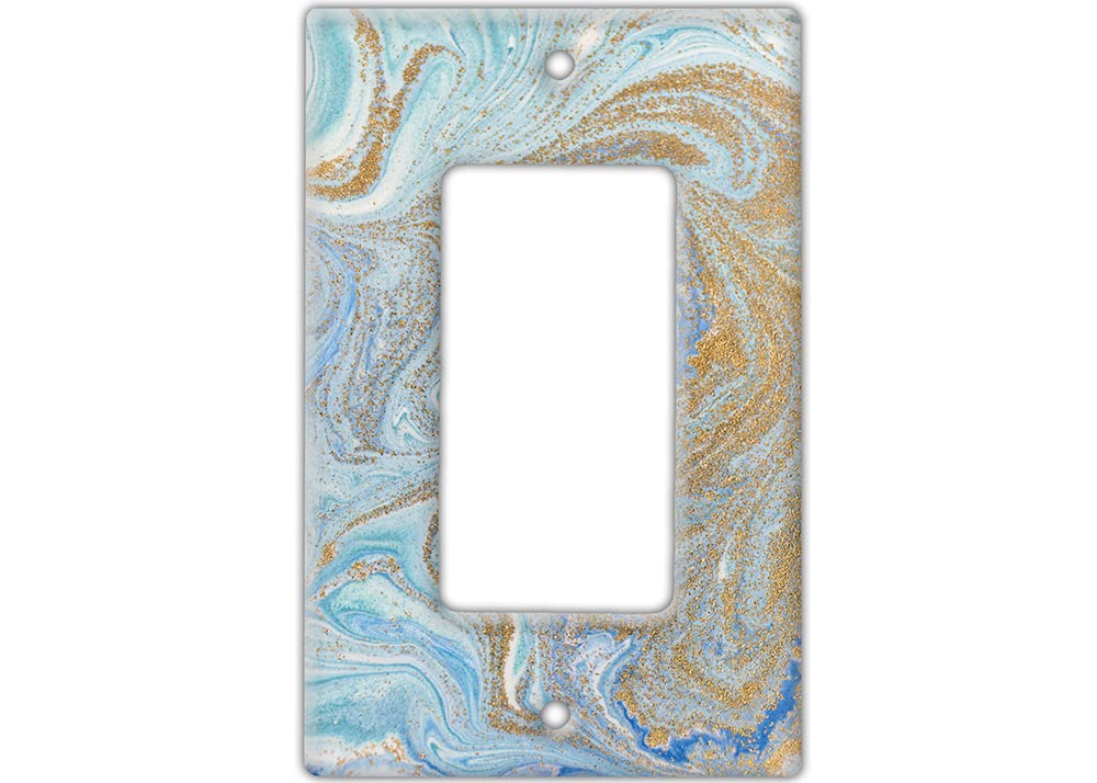 Aqua and Gold Marble Switch Plate Cover - Decorative Wall Plate for Single Rocker Switch in Subtle Blue, White & Gold | Elegant Home Decor for Living Room, Bedroom, Bathroom