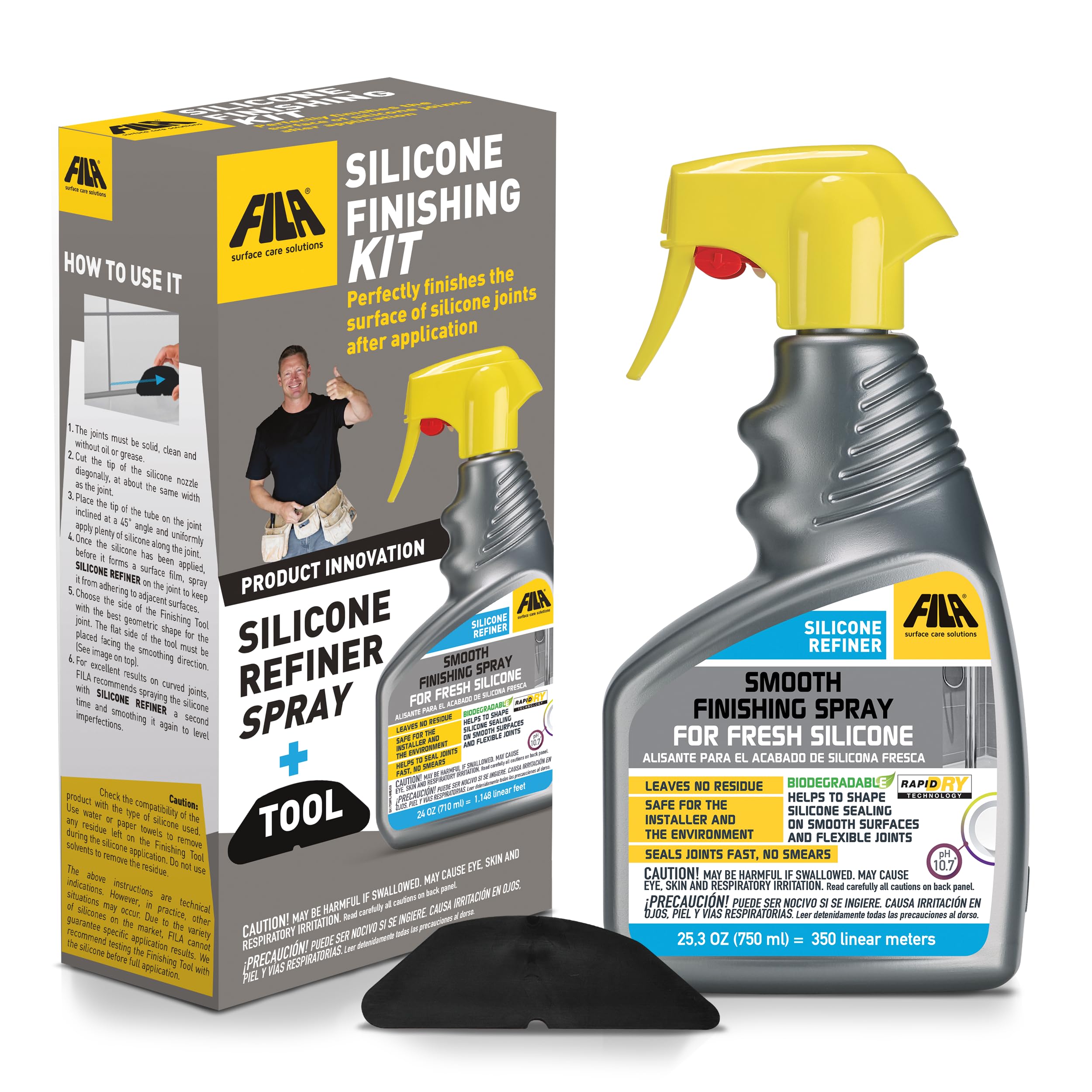 FILA Surface Care Silicone Finishing Kit with Smoothing Spray – 24oz Caulk Tool Included for Seamless Caulking & Silicone Application – Perfect for Bathroom, Kitchen & DIY Home Improvement Projects