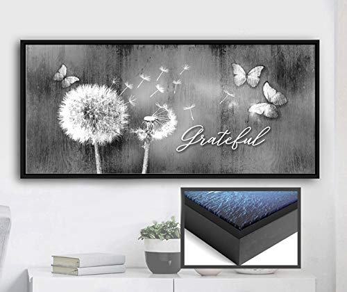 Grateful Dandelions Wall Art with Butterfly Decor - Rustic Bedroom Pictures for Wall in Grey & Black Floating Frame (42x19) - Perfect for Farmhouse, Boho Chic, or Cottage Style Home Decor