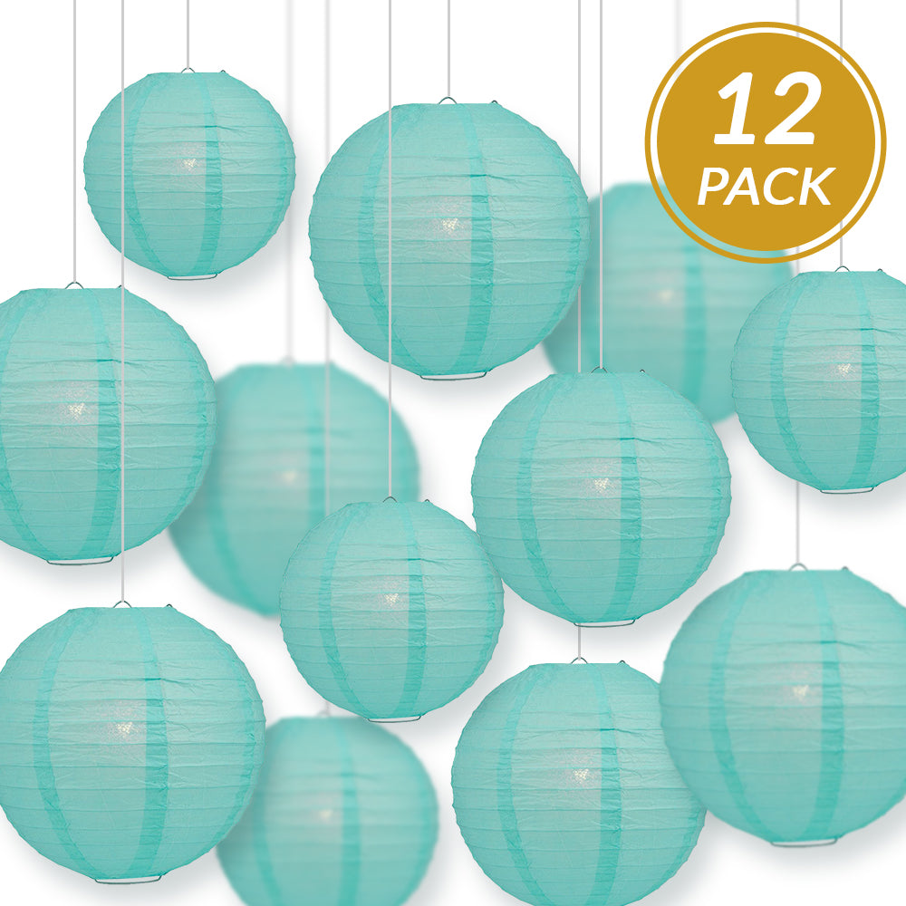 12-Piece Water Blue Paper Lantern Set - Chinese Hanging Decorations for Weddings, Parties & Events (12/10/8 Inch) - Perfect for Indoor/Outdoor Celebrations, Asian-Themed Decor & Festival Lighting