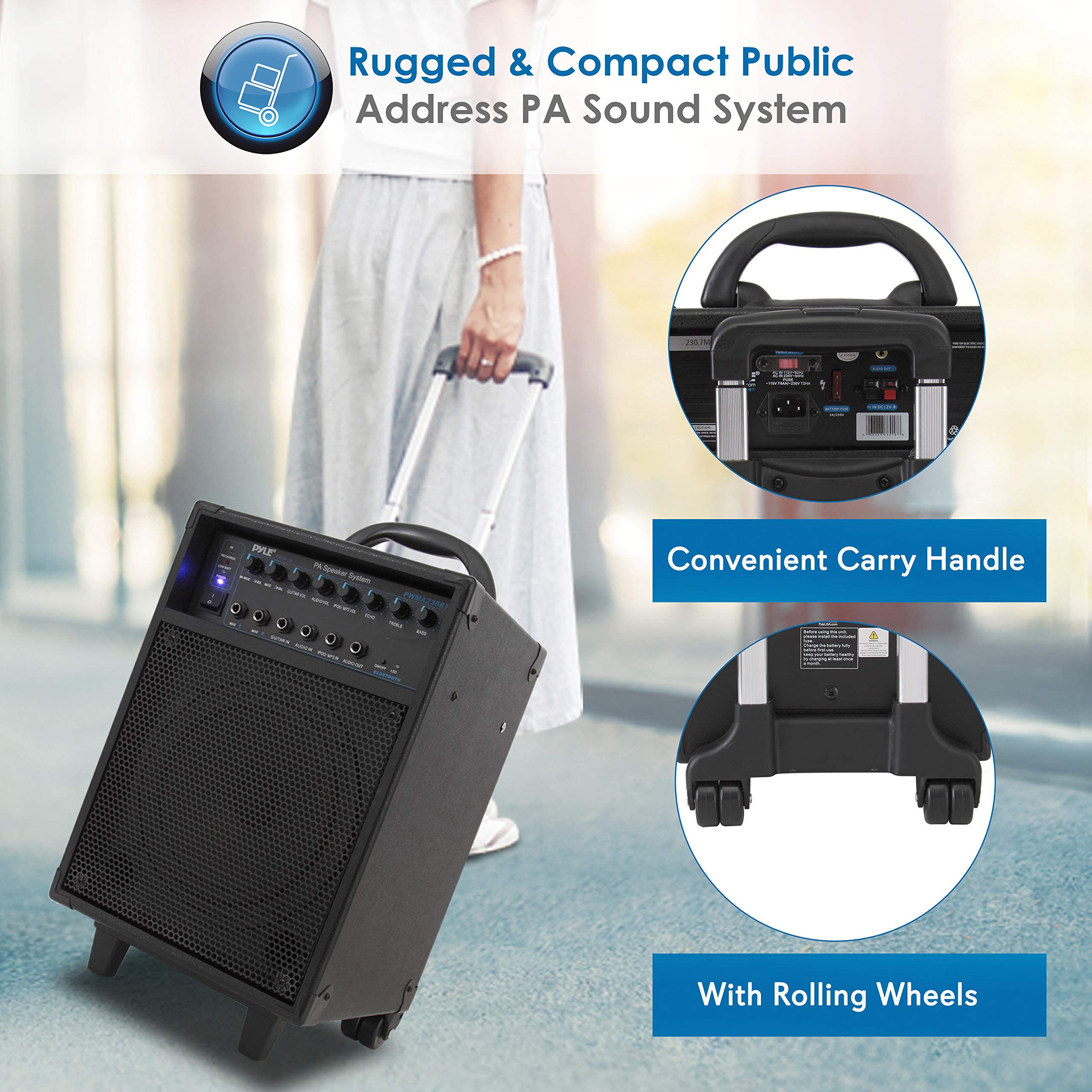 Pyle Wireless Portable PA System - 400W Bluetooth Speaker with Rechargeable Battery, Microphone Set, Wheels & Handle - 1/4
