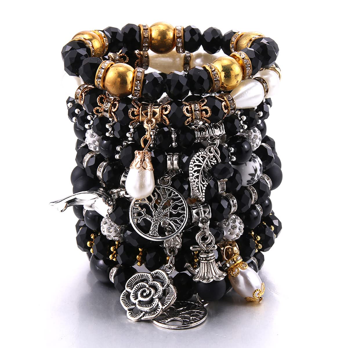 H&PY Natural Stone Bracelet Set for Women - 10 Pack Stackable Stretch Beaded Bracelets, Multi-Color Bohemian Jewelry Gift for Women, Friends, Birthday, Party & Everyday Wear
