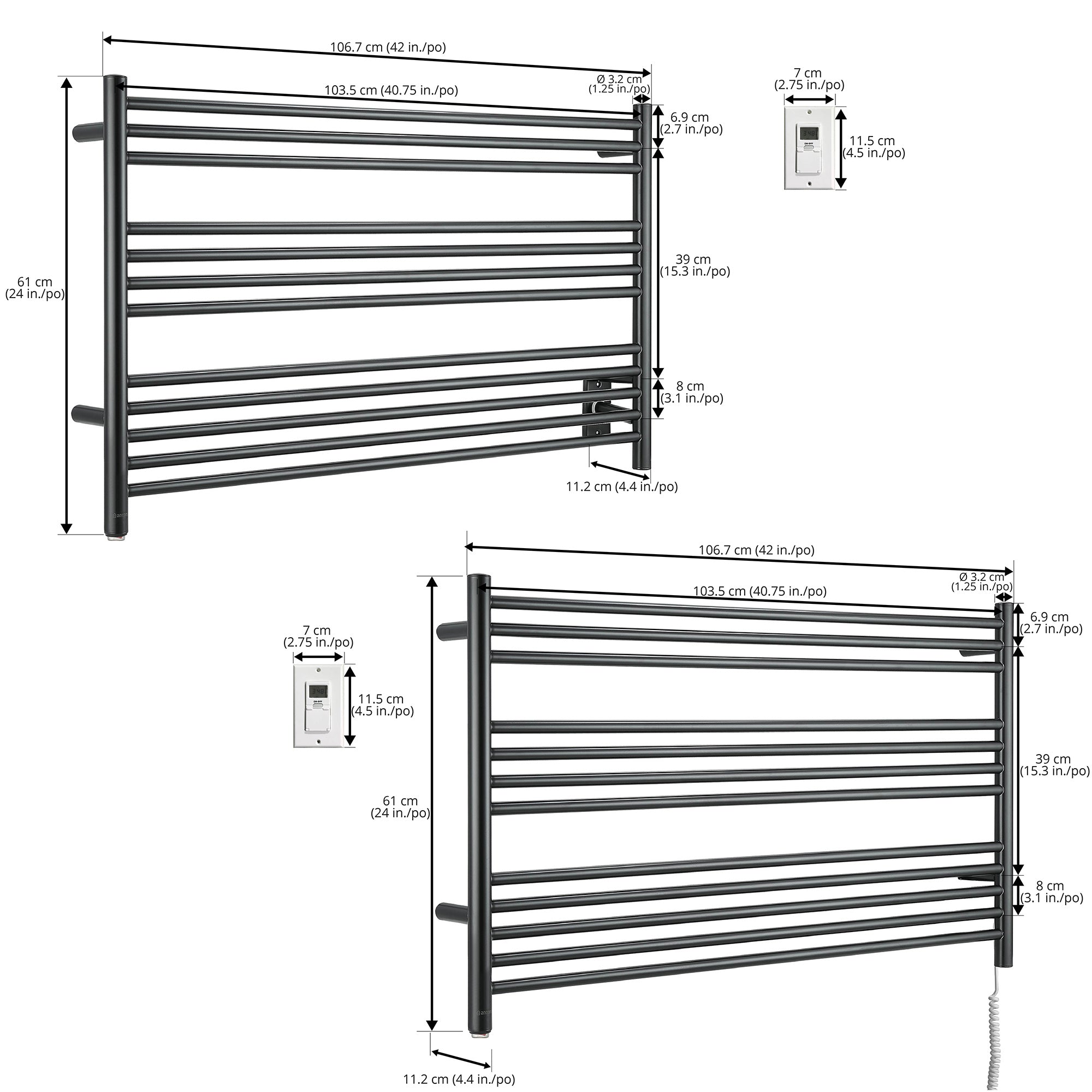 Ancona Amplia Dual 12 Bar Hardwired & Plug-in Electric Towel Warmer - Matte Black Finish with Digital Wall Timer - Perfect for Bathroom, Spa & Luxury Home Use