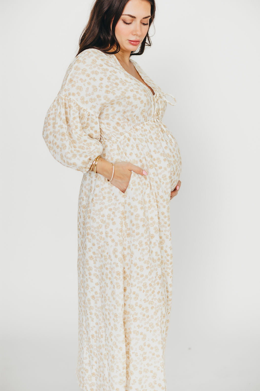 Hunter 100% Cotton Gauze Midi Dress - Natural/Fawn Floral Print | Bump Friendly Maternity Dress | Perfect for Summer, Beach & Pregnancy Photoshoots
