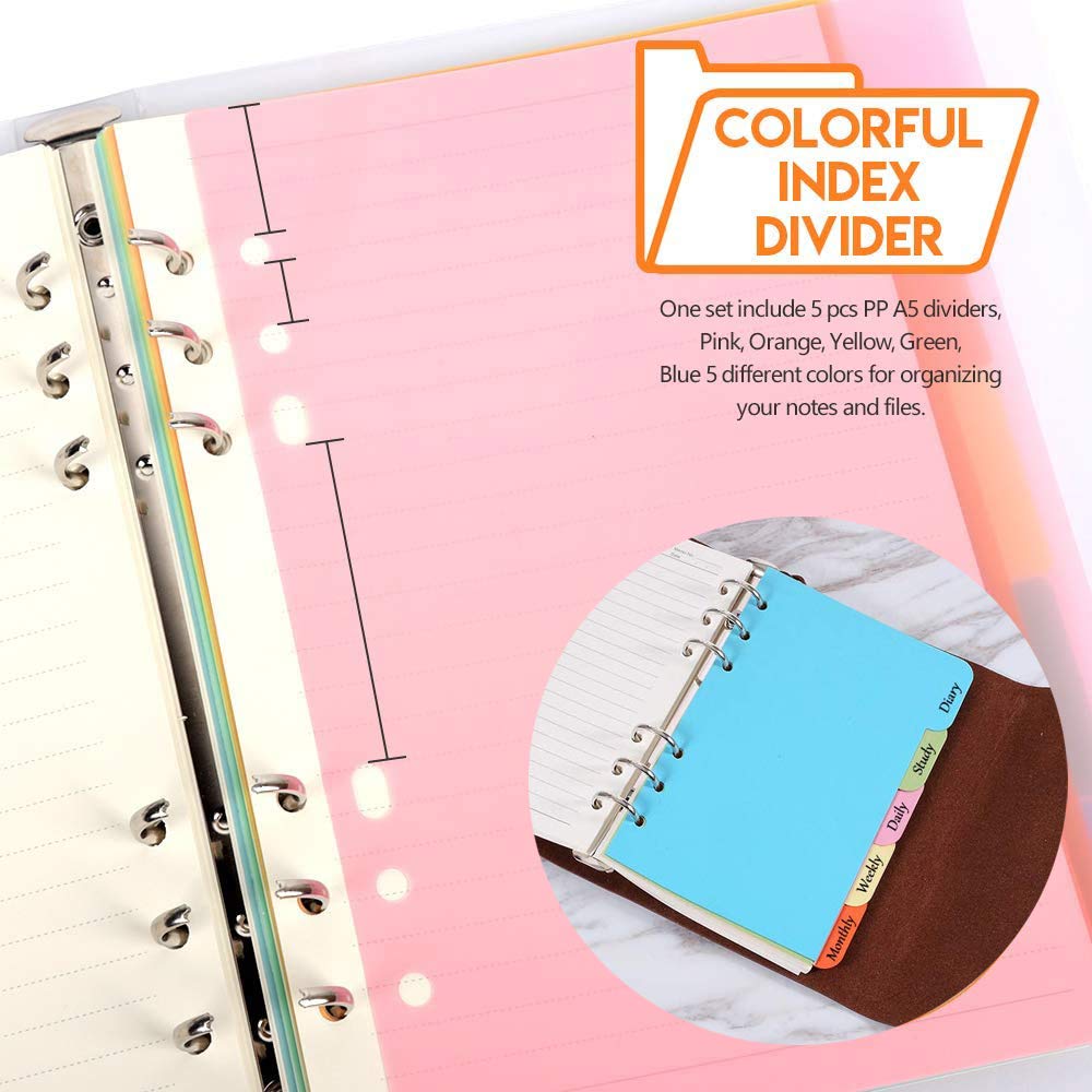 Premium A6 Refill Paper 3-Pack - 270 Lined Pages with 5 Color Binder Dividers, 160 Neon Sticky Index Flags & 2 A6 Binder Pockets - Compatible with 6-Ring Refillable Notebooks - Perfect for Journaling, Planning & Office Organization