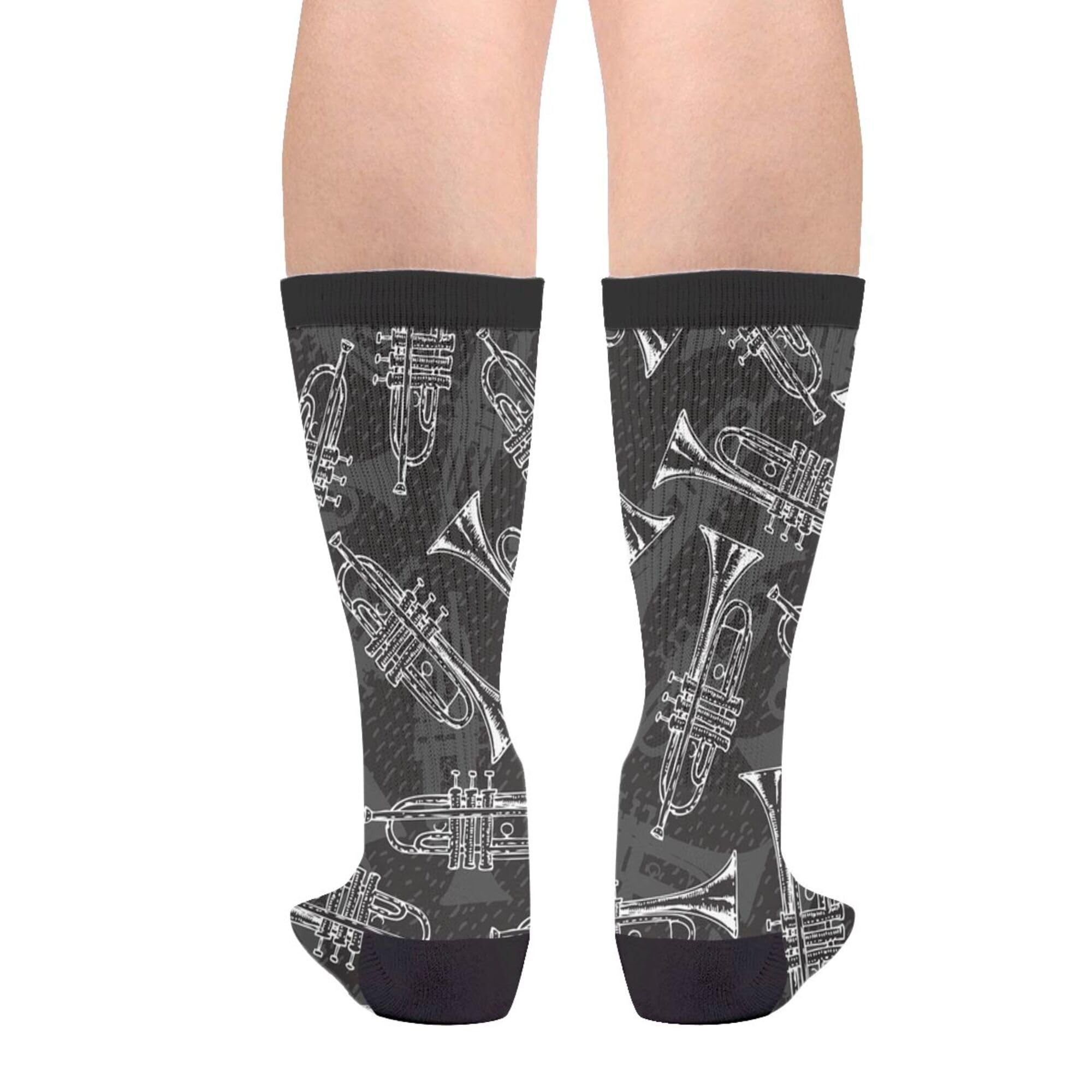 Fun Novelty Crazy Trumpet Sketch Crew Socks for Women & Men - Black & White Dress Socks - Perfect for Costume Parties, Music Performances & Unique Gifts