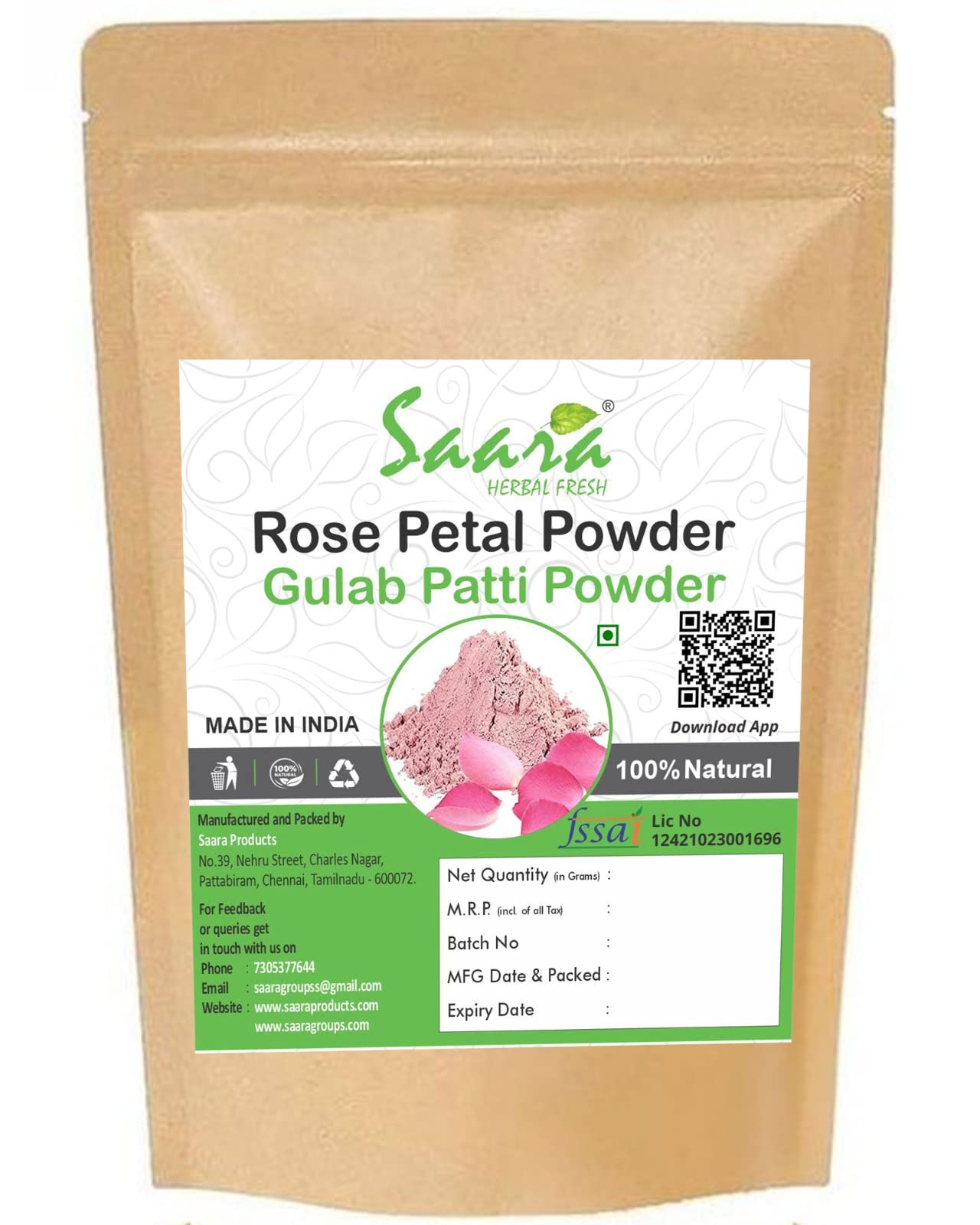Saara HERBAL FRESH Rose Petal Powder for Skin - Organic Face Mask for Brightening, Tan Removal & Glowing Skin | 26g Brown Zipper Packaging | Perfect for DIY Spa, Bridal Care & Daily Skincare Routine