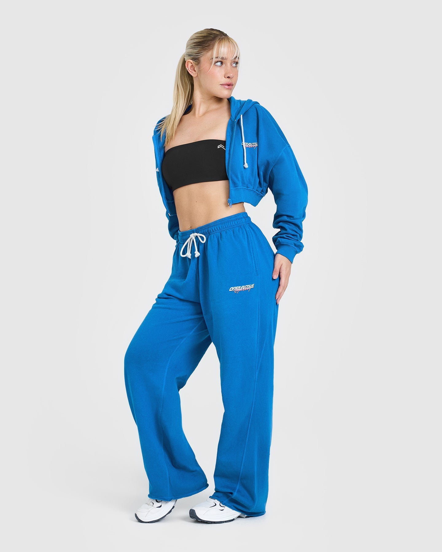 Vintage Retro Blue Graphic Zip Through Hoodie for Women | Raw Lounge Crop Pullover | Casual Streetwear, Loungewear & Travel Outfit