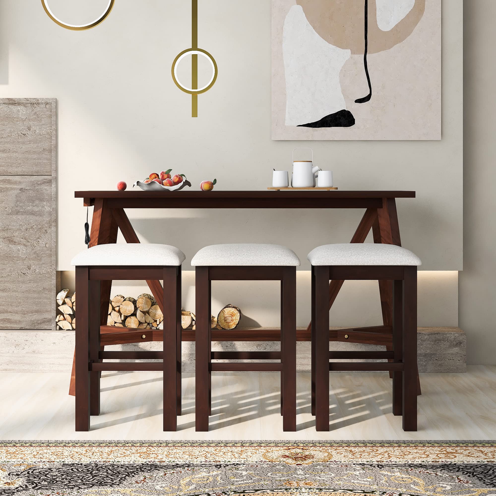 LZ LEISURE ZONE 4-Piece Dining Table Set for 3 with Upholstered Stools - Dark Walnut & Beige Kitchen Bar Table Set for Small Spaces, Breakfast Nook, Apartment Dining | Perfect for Compact Homes, Studio Apartments and Cozy Kitchenettes