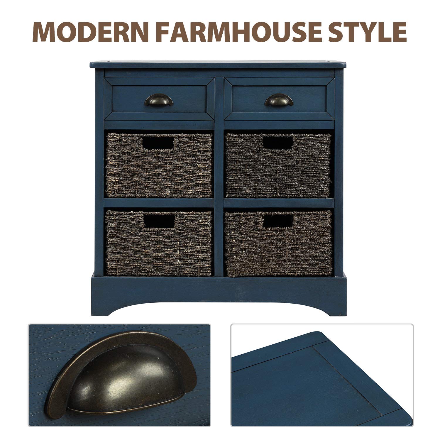 Modern Navy Blue Wood Storage Chest with 2 Drawers & 4 Baskets - Entryway Cabinet, Side Table for Living Room, Dining Room, Hallway Organizer