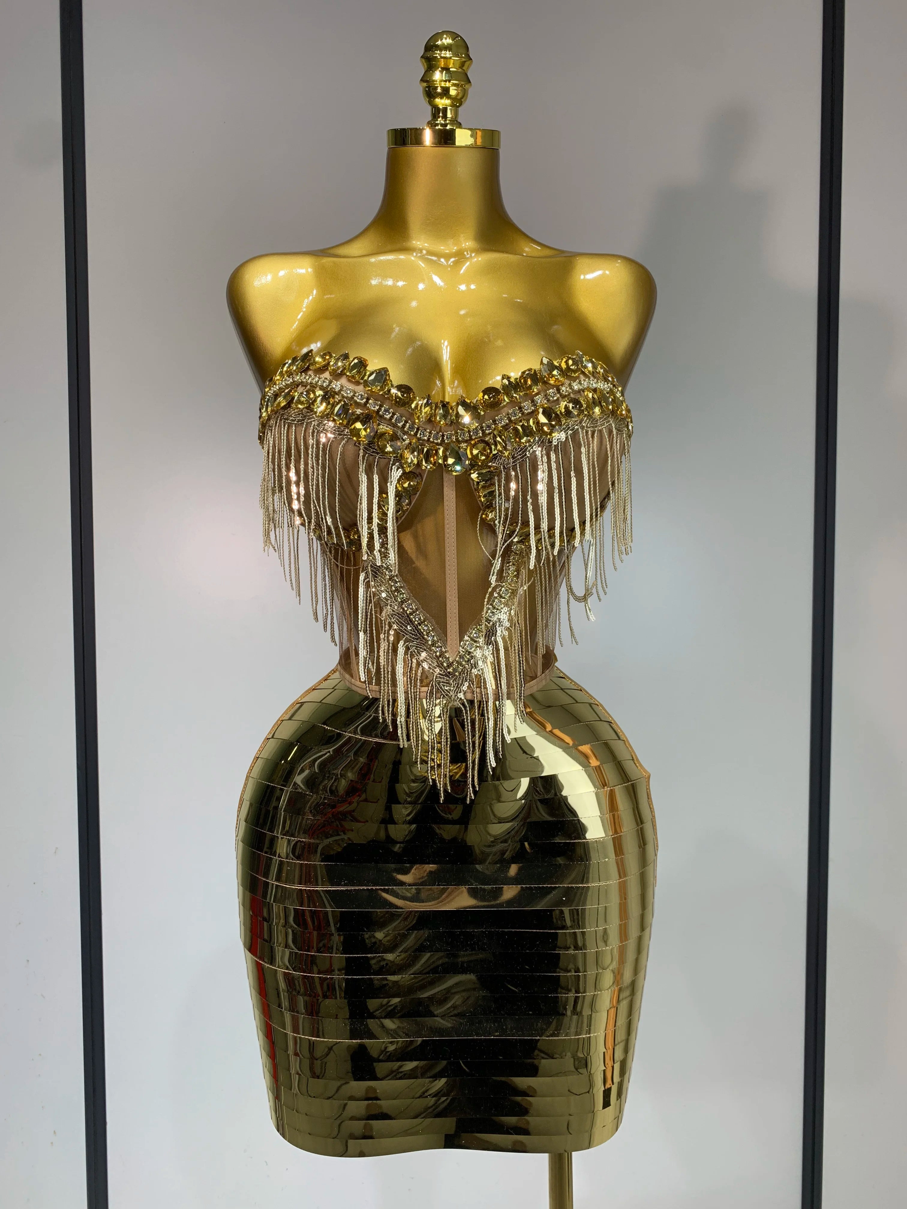Sparkly Gold Rhinestones Tassel Top & Skirt Set for Women - Sexy Strapless Two-Piece Outfit for Nightclub, Evening Party & Stage Performance | Perfect for Dancers, Performers & Special Occasions