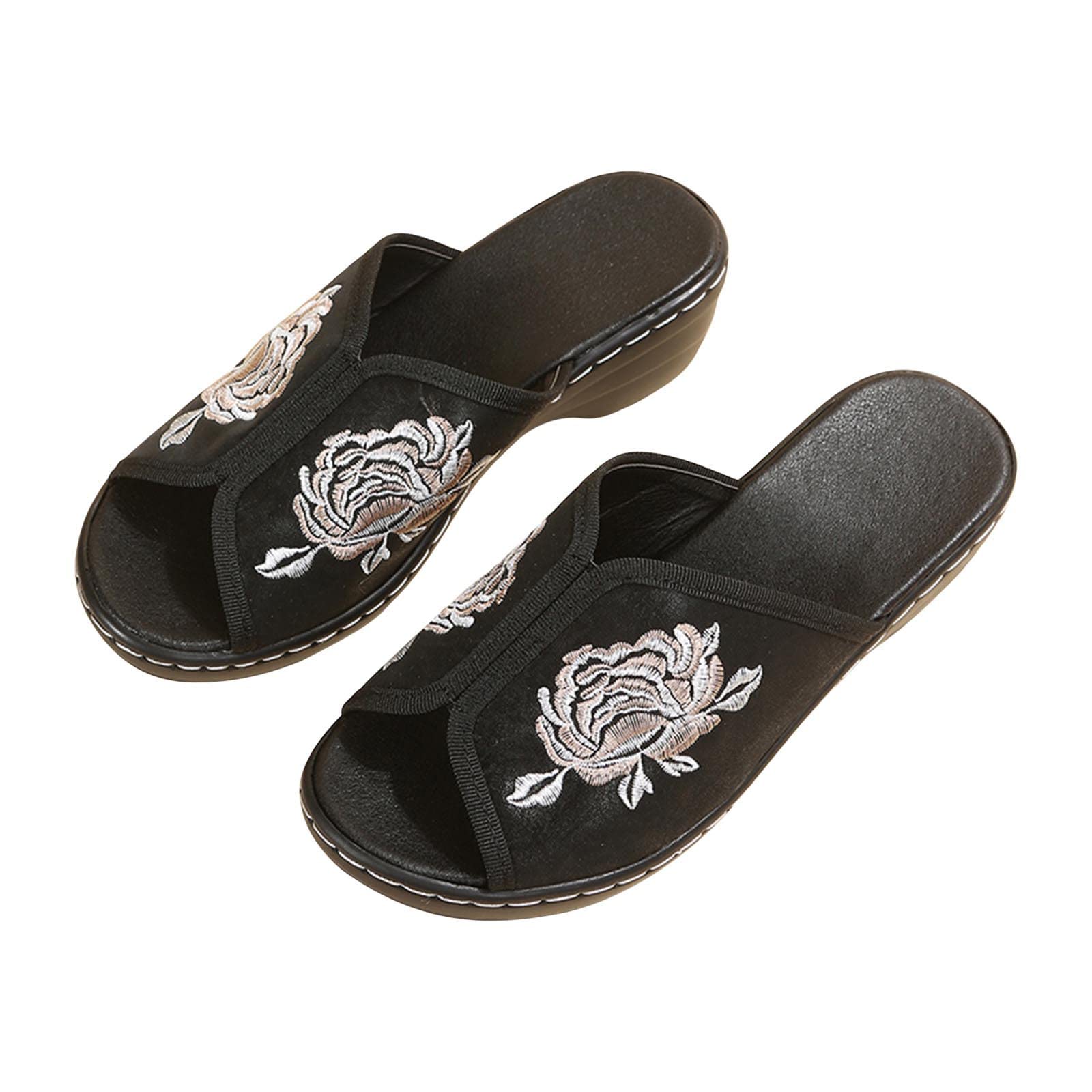 Women's Comfortable Platform Leather Sandals with Floral Embroidery - Non-Slip Open Toe Summer Sandals for Casual Wear, Beach & Vacation