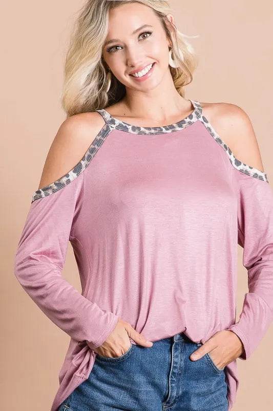 Stylish BiBi Jersey Knit Cold Shoulder Top with Leopard Neck Detail - Perfect for Casual Outings, Date Nights & Summer Fashion