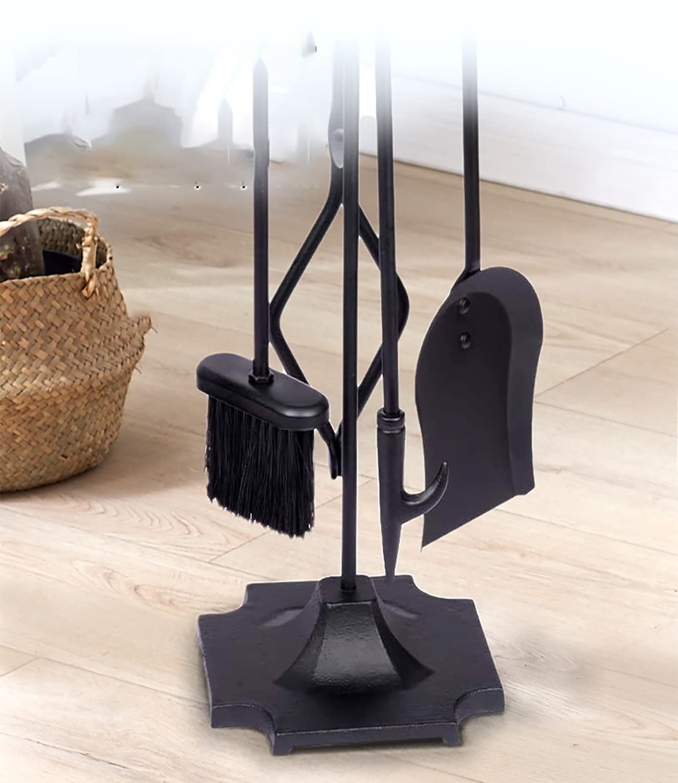 Premium MTSON 5-Piece Fireplace Tools Set - Heavy Duty Cast Iron Fireplace Accessories with Rustic Tool Holder for Indoor Fireplaces | Perfect for Home, Cabin & Fireplace Maintenance