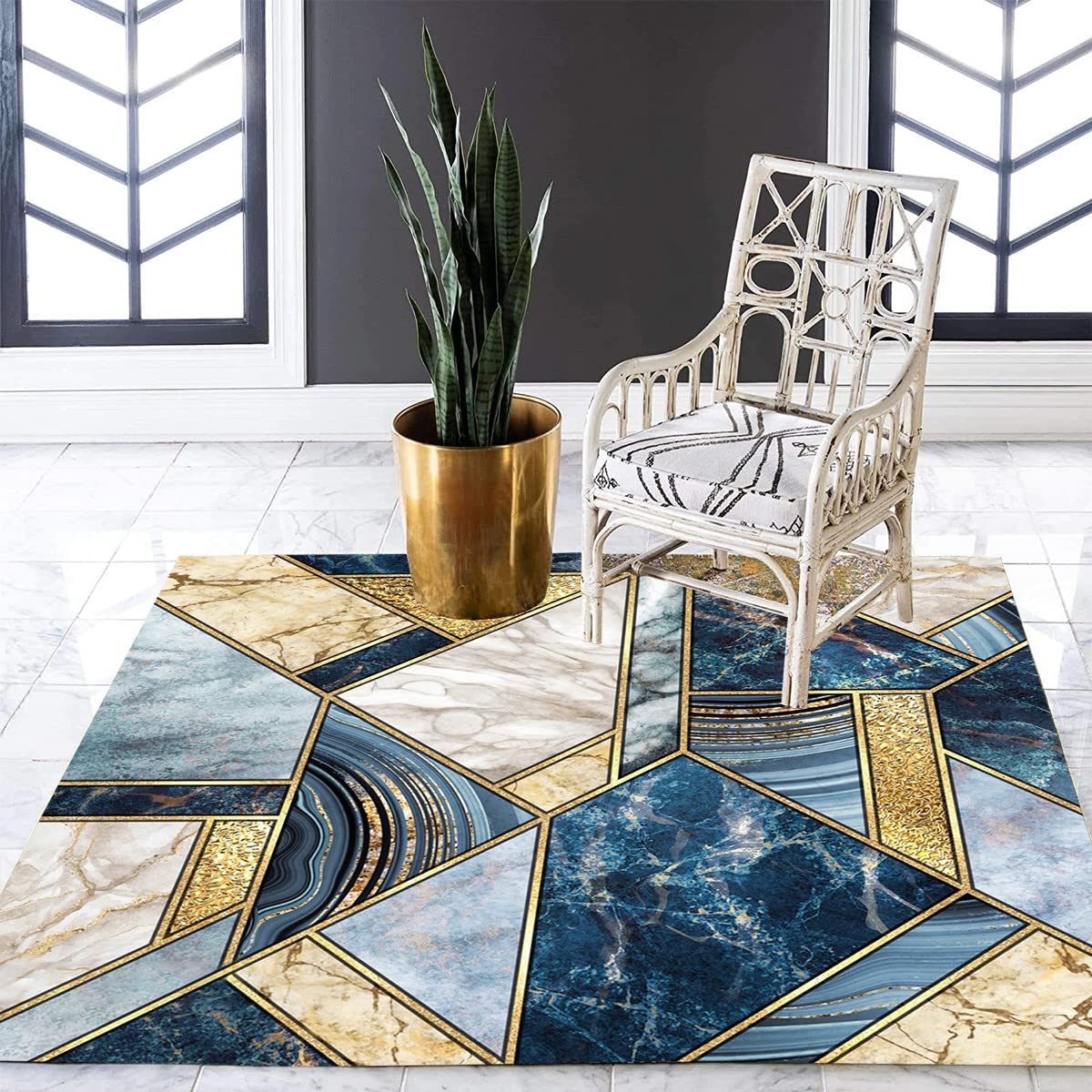 6x6 Geometric Pattern Square Area Rug - Blue Gold Beige Marble Abstract Washable Soft Shaggy Carpet for Living Room Bedroom Guestroom | Perfect Under Dining Table, Indoor Kitchen & Laundry Runner Rug for Home Decor