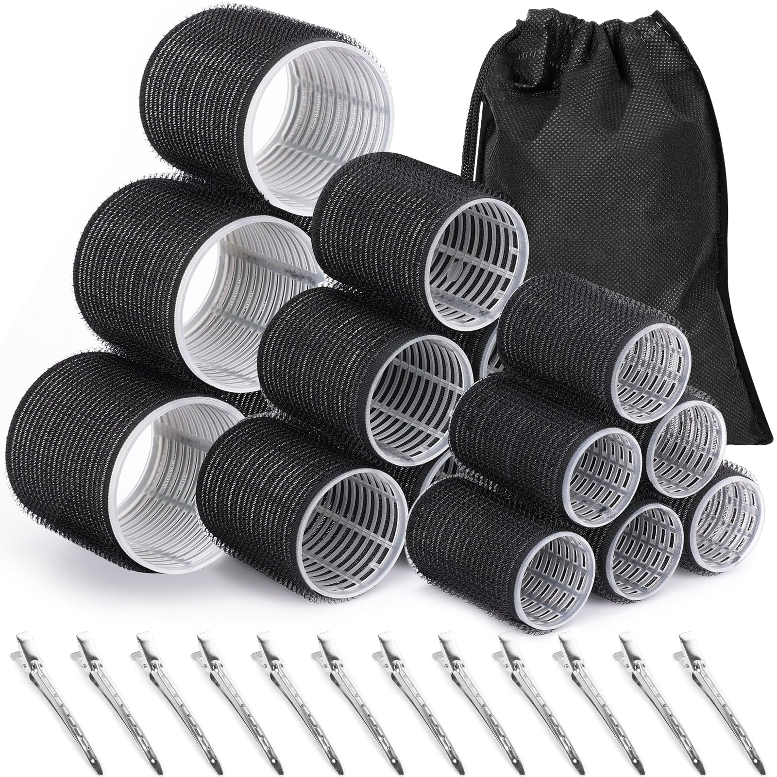 30Pcs Hair Rollers Set with 3 Sizes (6 Large, 6 Medium, 6 Small Rollers) + 12 Clips & Storage Bag - Volumizing Curlers for Long, Medium & Short Hair - Perfect for Home Styling, Salon Use & Travel