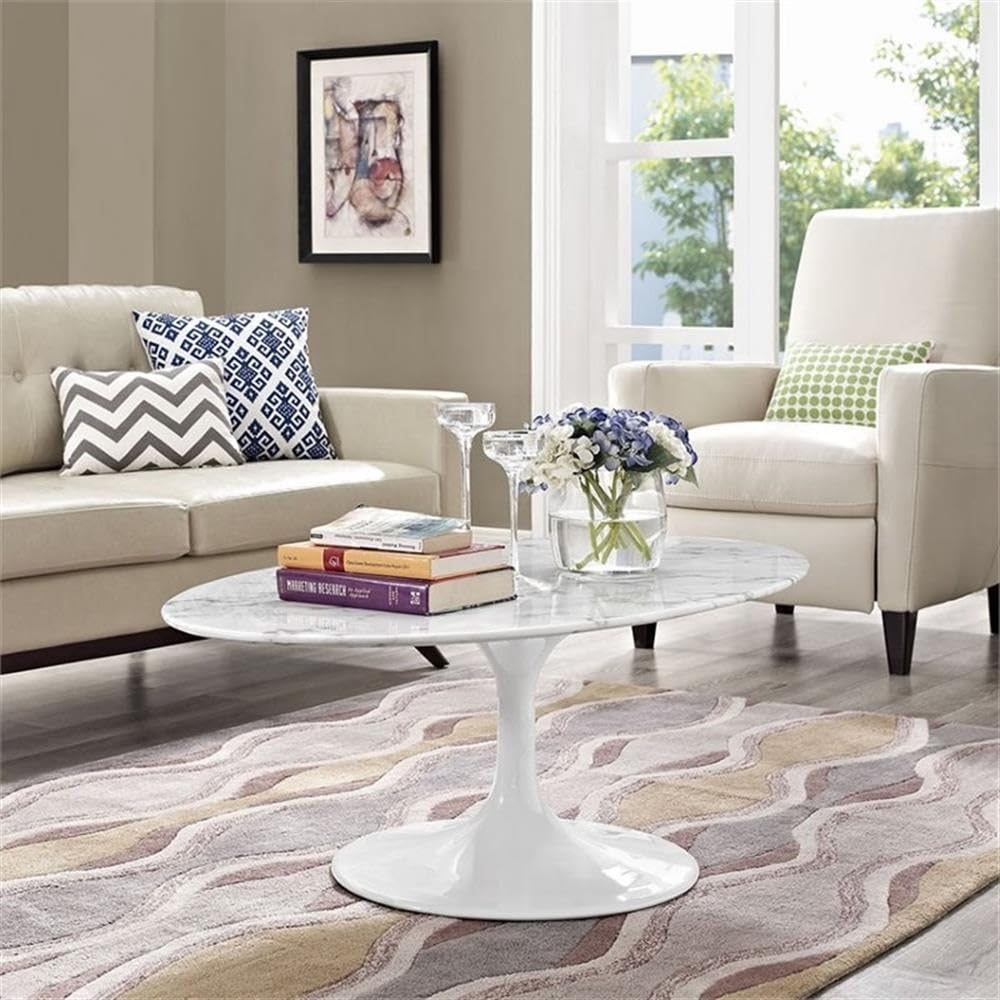 Allora Oval Faux Marble Coffee Table - White Modern Living Room Furniture for Small Spaces | Perfect for Apartments, Condos & Cozy Homes