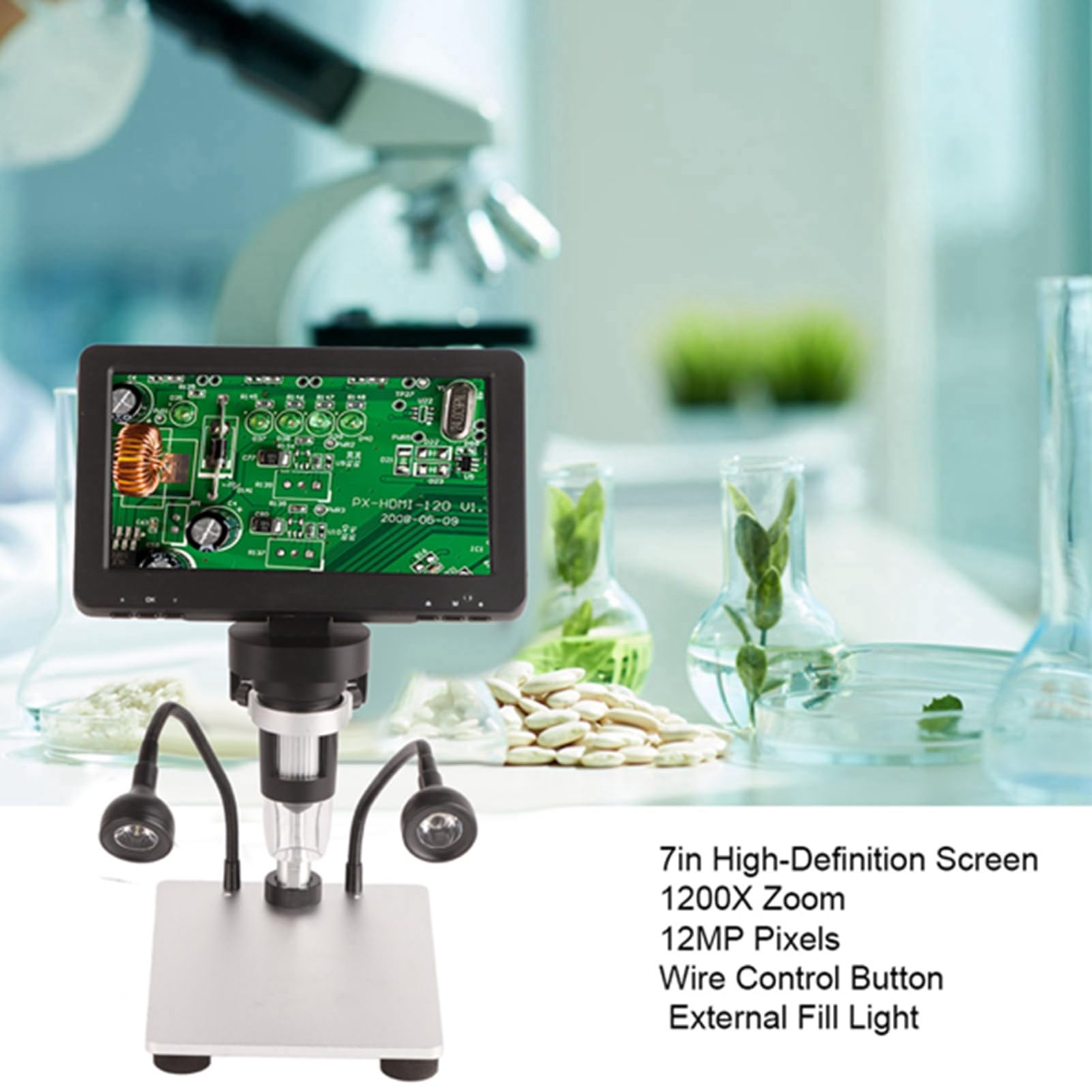 XTevu 12MP HD Digital Microscope with 7-inch LCD Screen, 1200x Magnification - Ideal for Soldering, Electronics Repair, PCB Inspection & Hobbyist Use