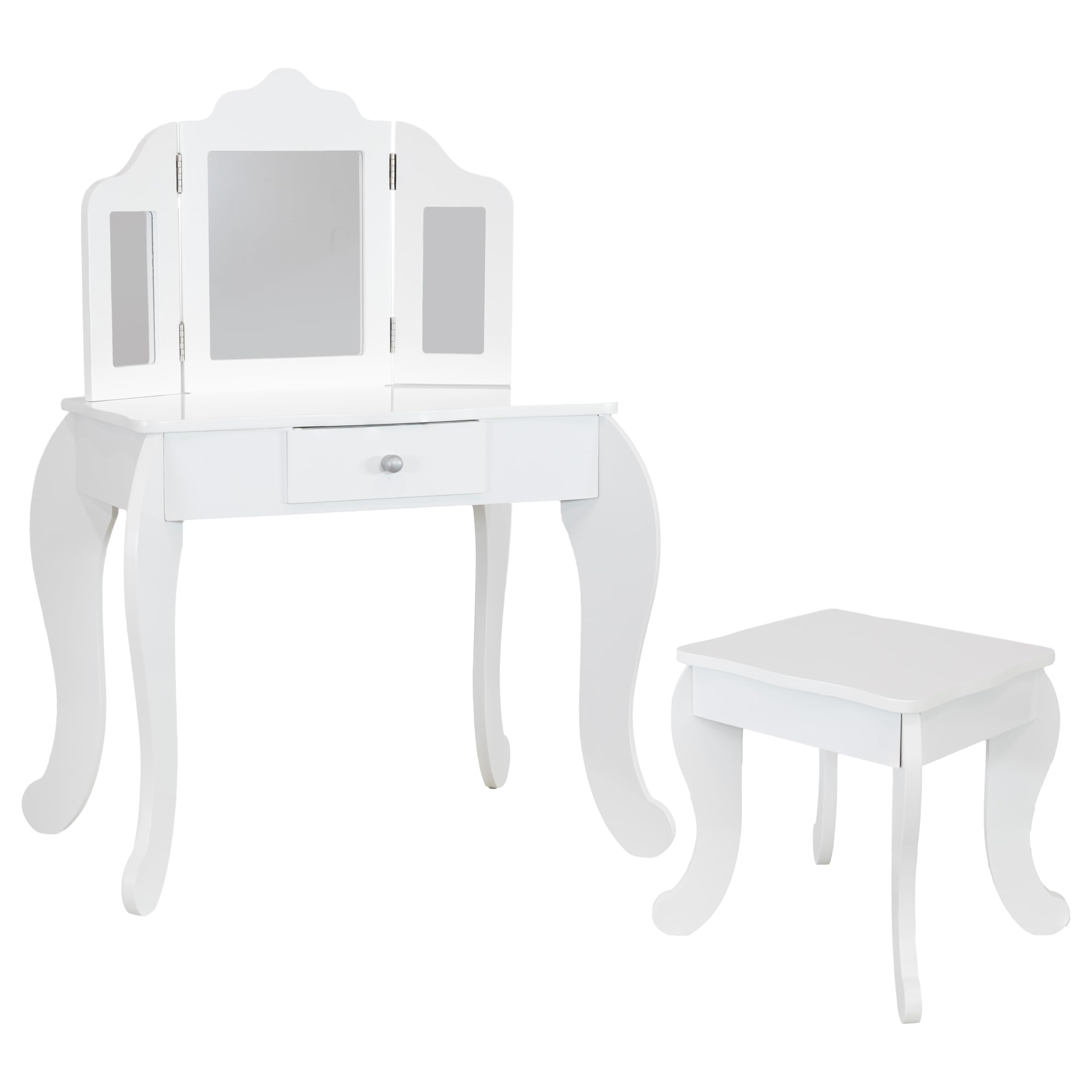 Wooden Pretend Play Vanity Set for Girls - Kids' Vanity Desk with Mirror, Drawer & Stool - White - Perfect for Dress-Up, Role Play & Birthday Gifts
