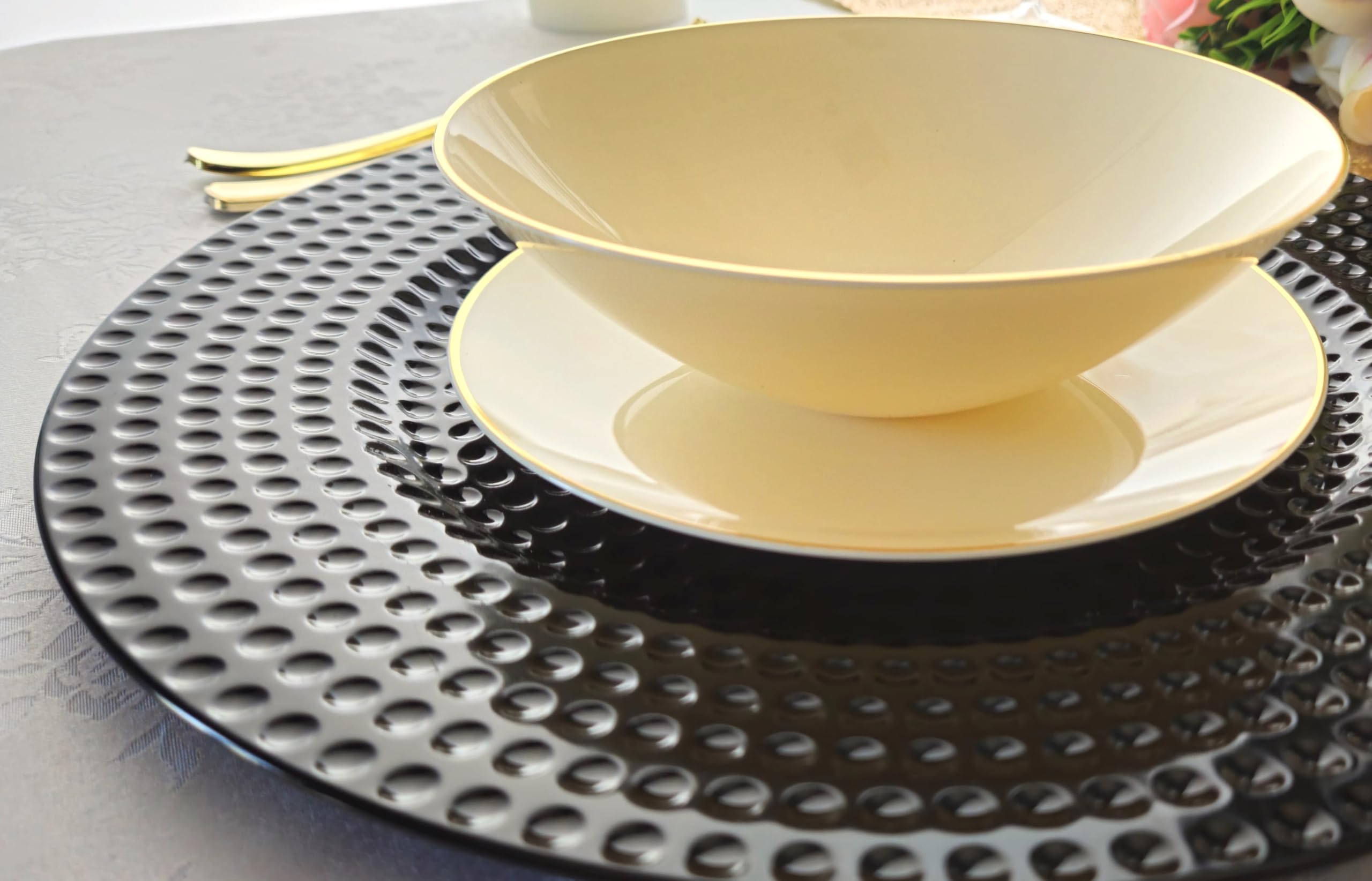 40-Piece 13-Inch Round Acrylic Charger Plates for Weddings & Dinner Parties - Hammered Black Finish - Elegant Table Decor for Formal Events, Banquets, and Holiday Gatherings