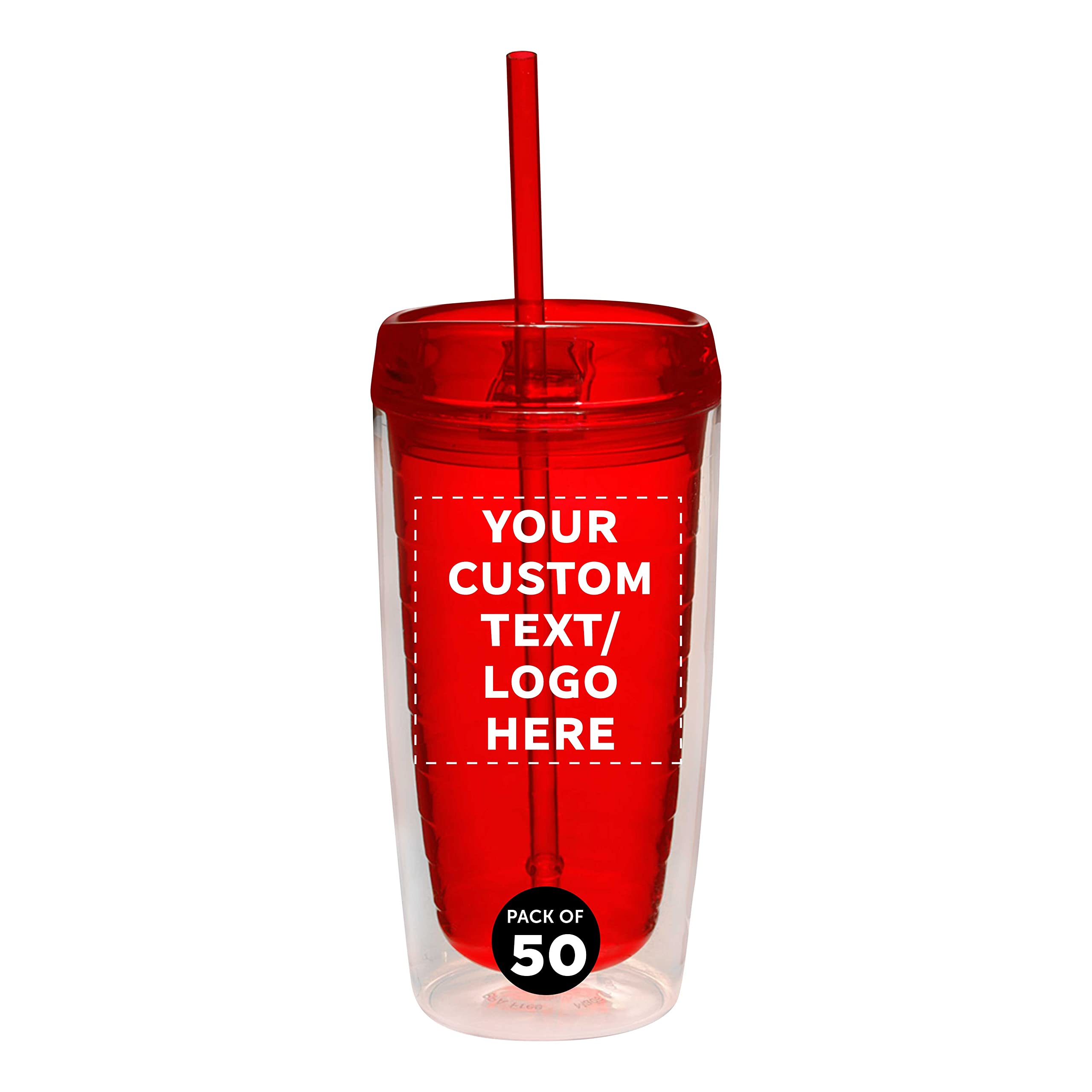 Custom 16 oz Double Wall Acrylic Tumblers - Bulk Set of 50 BPA-Free Personalized Drinkware Cups - Ideal for Iced Coffee, Soda, Hot & Cold Beverages - Red - Perfect for Restaurants, Cafes, Parties & Corporate Events