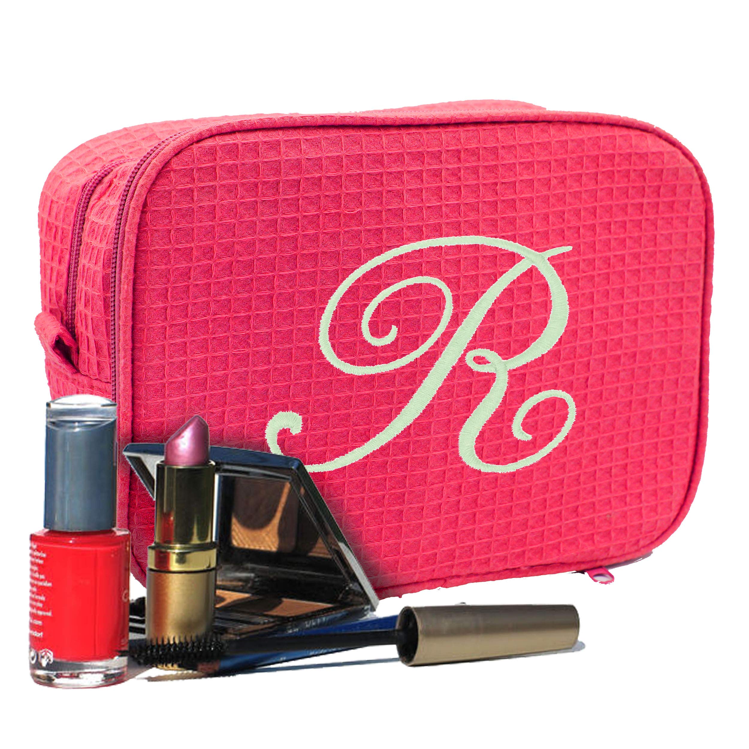 Custom Monogrammed Waffle Makeup Bag - Personalized Embroidered Cosmetic Travel Case for Women (Hot Pink) | Perfect for Travel, Gym & Daily Organizer