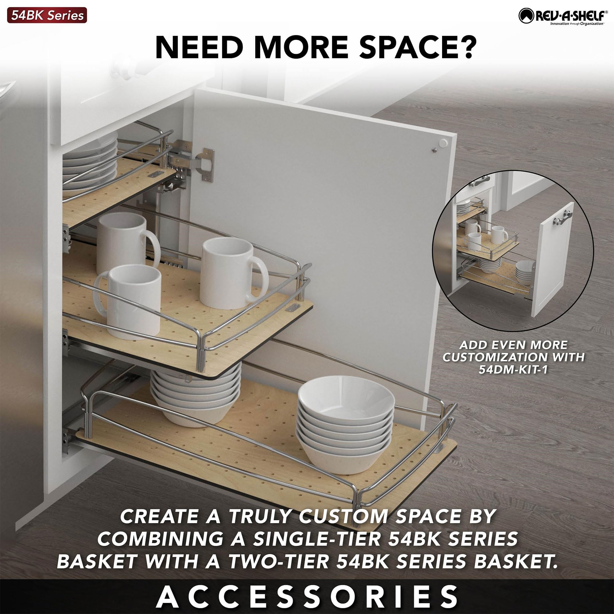 Rev-A-Shelf Pull Out Kitchen Cabinet Organizer - Solid Bottom Undermount Drawer with Soft-Close Full Extension Slides (54BK-12SC-1) - Perfect for Pantry Storage & Kitchen Organization