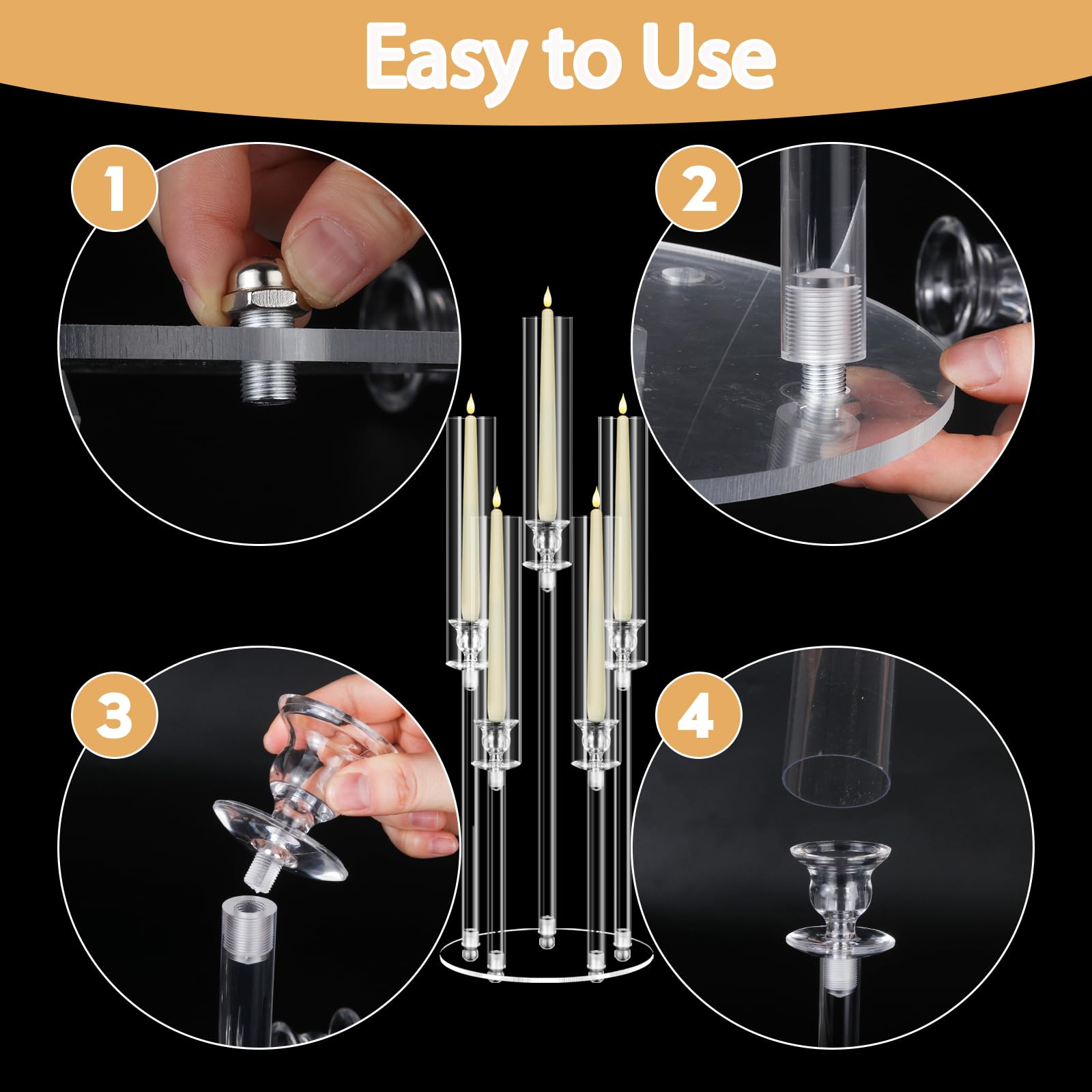4Pcs Clear Acrylic Candelabra Centerpieces with 5 Arms - Elegant Candlesticks Holder with Lampshade for 0.87