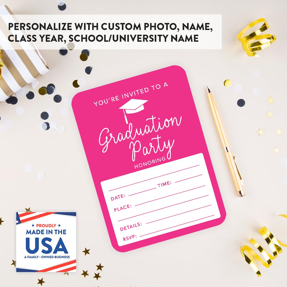 Andaz Press 5x7-Inch Fuchsia Graduation Invitations with Envelopes - 24-Pack Class of 2025 - Perfect for High School & College Graduation Parties, Commencement Celebrations & Grad Decorations