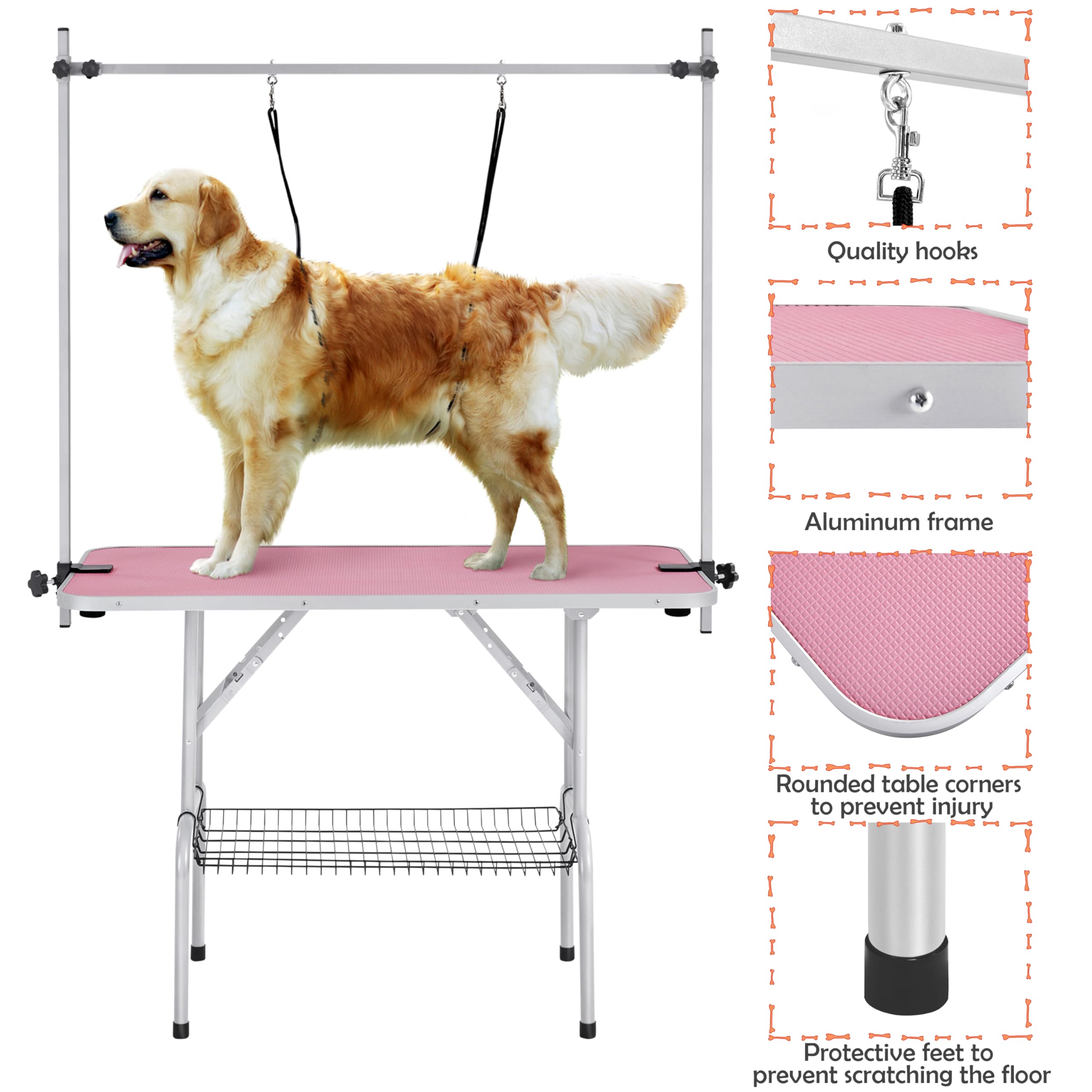Yaheetech 46 Inch Adjustable Height Pet Grooming Table for Large Dogs - Portable Dog Trimming & Drying Table with Arm, Noose & Mesh Tray - Supports Up to 265 lbs (Pink) - Perfect for Professional Groomers & Home Pet Care