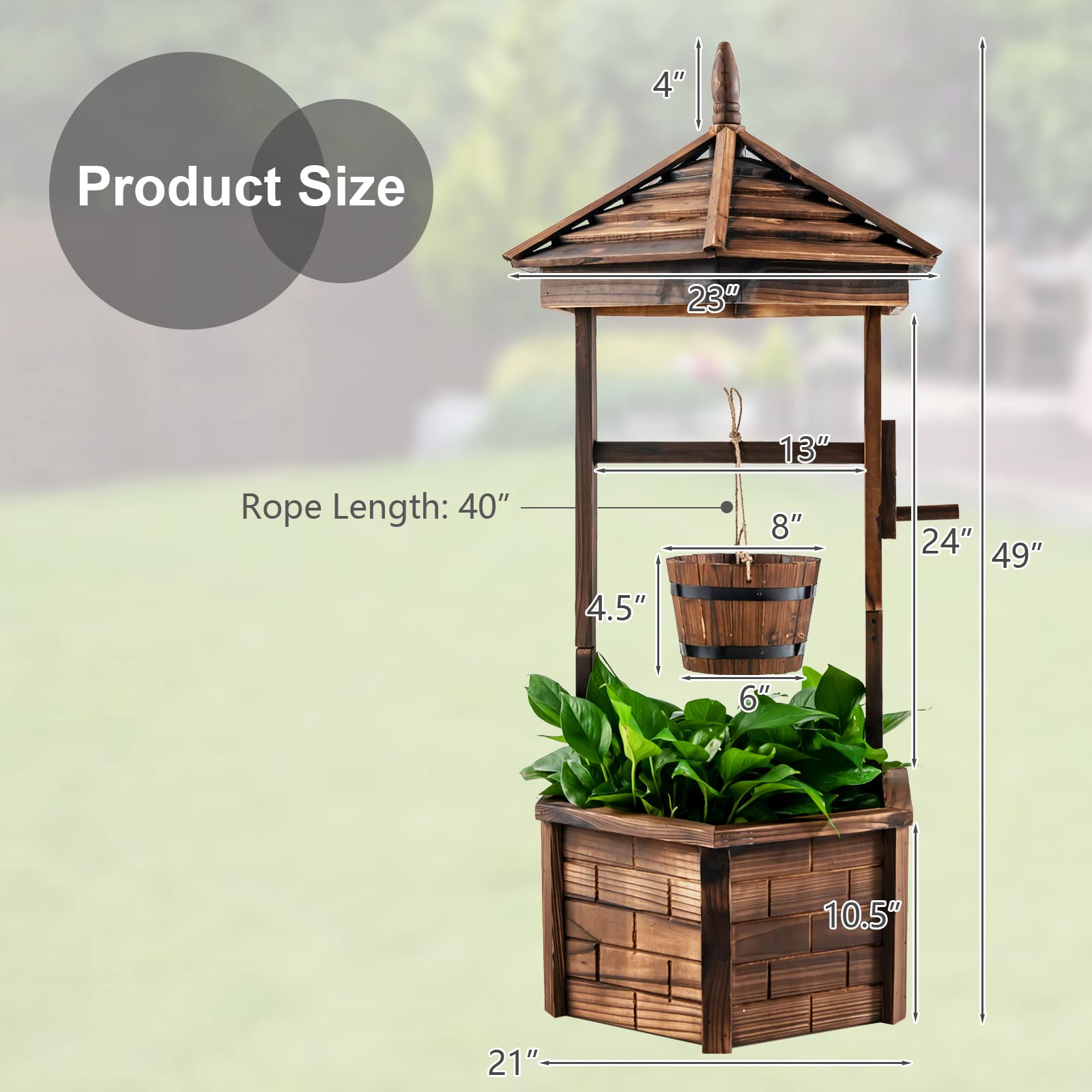 Giantex Rustic Wooden Wishing Well Planter with Hanging Bucket & Roof - Outdoor Garden Decor for Backyard, Patio, Lawn - Perfect for Flowers, Plants, and Countryside Landscaping