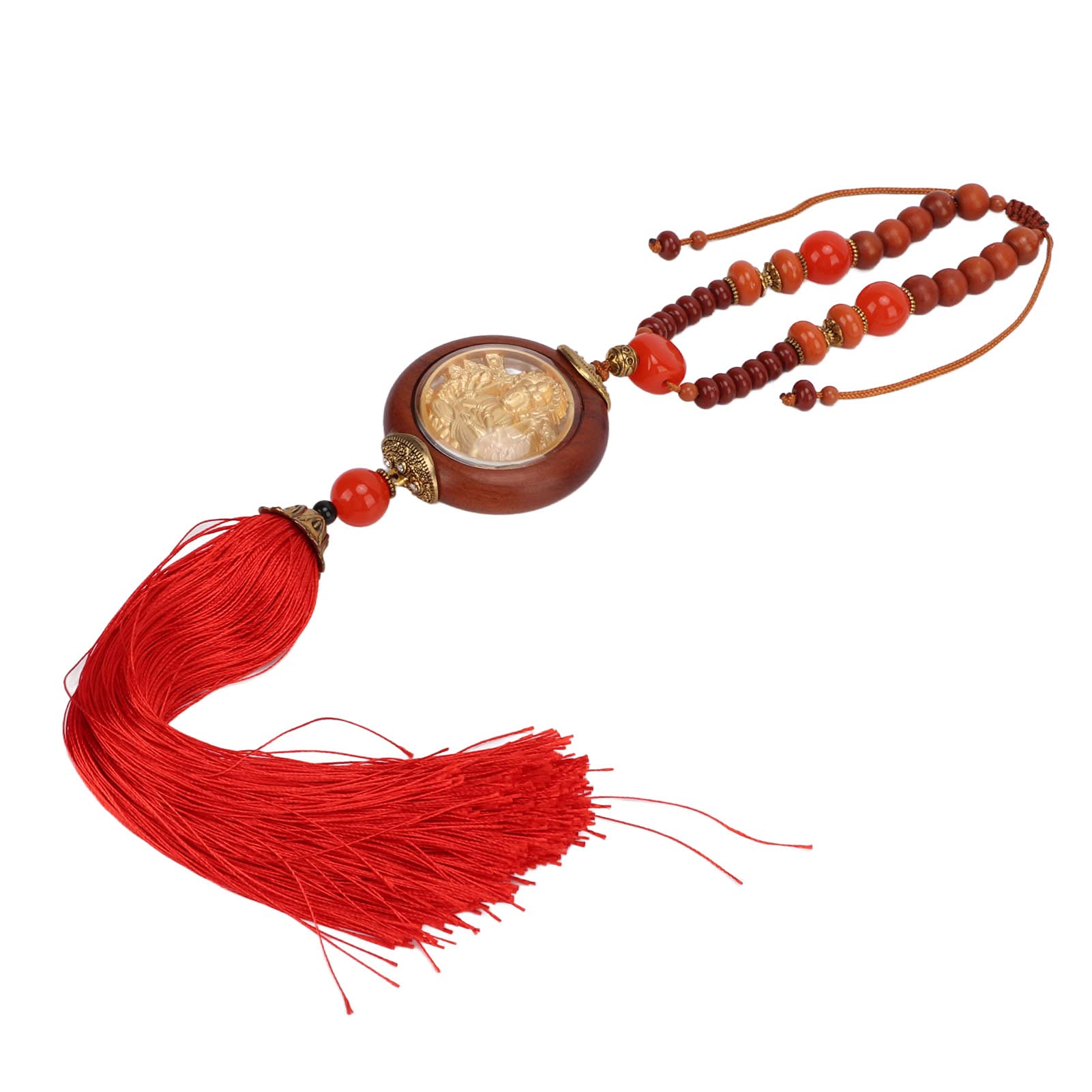 2.16×14.86 Inch Rosewood Buddha Car Charm Pendant - Feng Shui Car Hanging Ornament with Smooth Beads & Red Tassel - Spiritual Car Decor for Home, Office, Travel Protection & Positive Energy