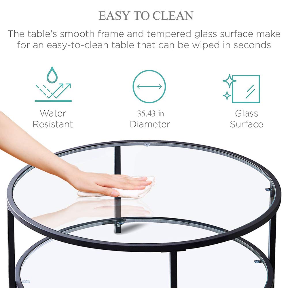 Modern Round Glass Coffee Table with 2-Tier Tempered Glass & Metal Frame - Black Living Room Center Table with Storage Shelf for Dining Room, Tea Time, and Home Décor - Perfect for Small Spaces and Contemporary Interiors