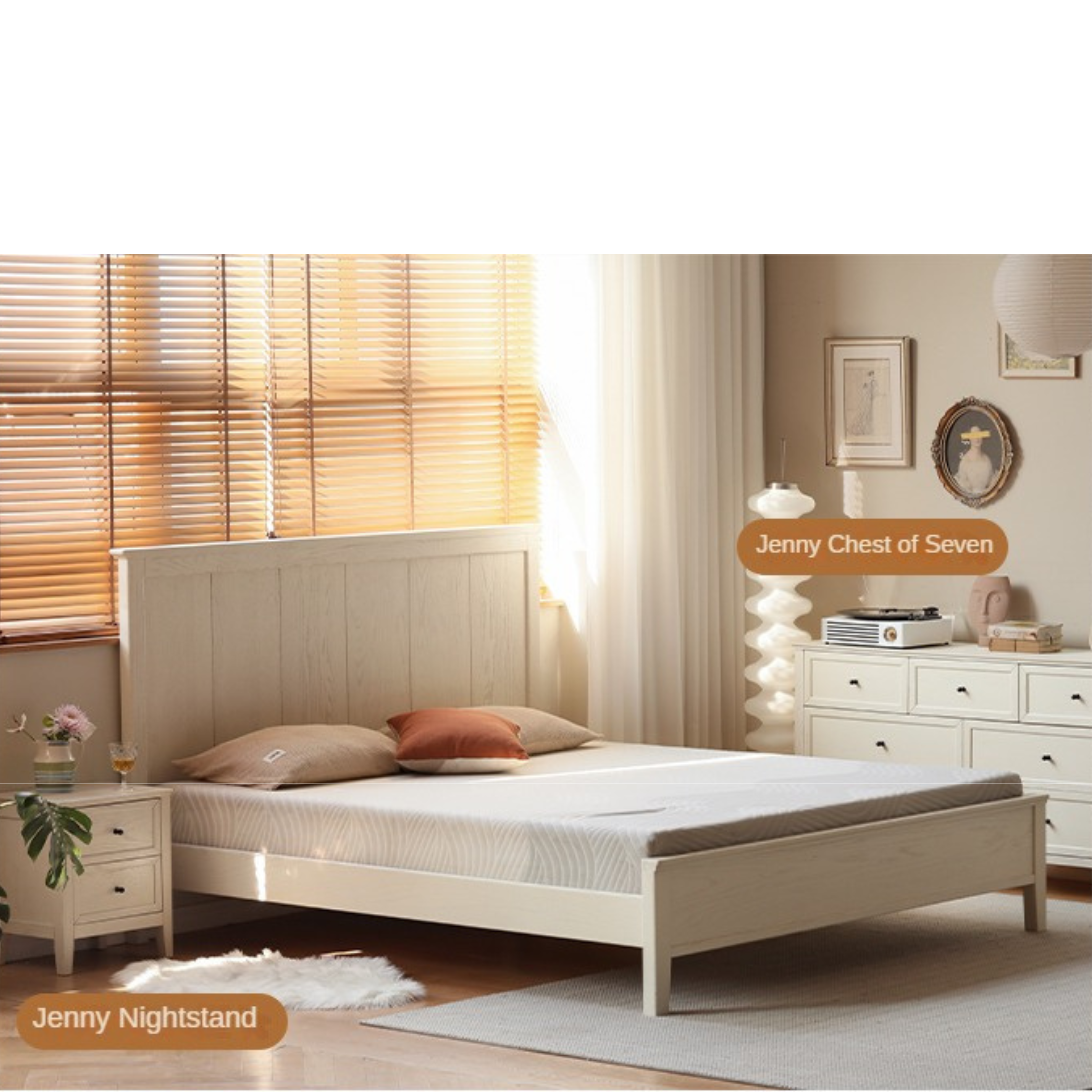 Solid Oak Wood High Headboard Full Size White Bed - American Style Bedroom Furniture for Master Bedroom & Guest Room Decor