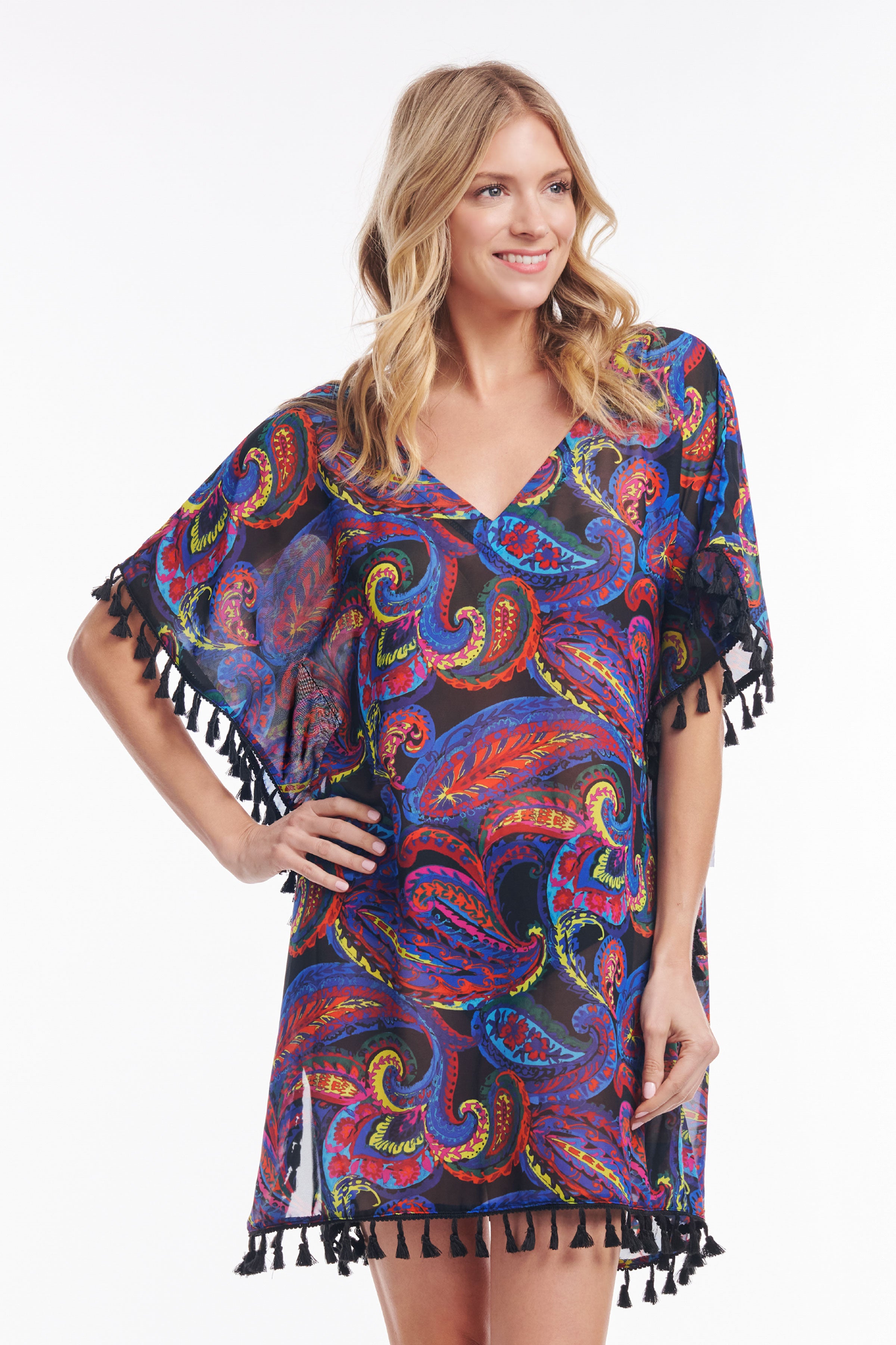 Elegant French Paisley Kaftan Coverup with Tassel Trim - Perfect for Beach, Poolside, and Summer Vacation Outfits