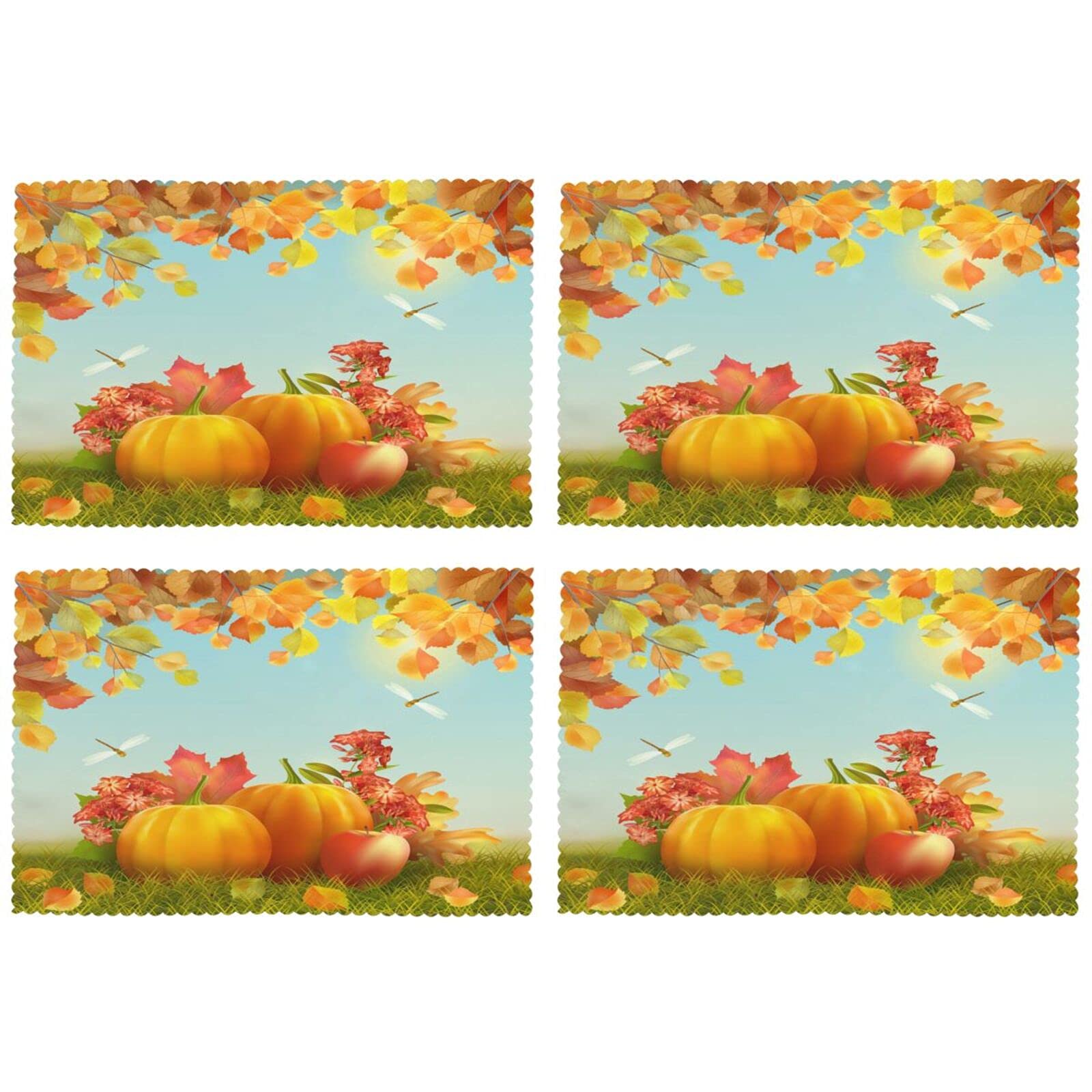 Happy Thanksgiving Day Placemats Set of 4 - 12 x 18 Inch Fall Leaves Design Washable & Heat-Resistant Table Mats for Kitchen Dining - Orange Home Decor | Perfect for Thanksgiving Dinner, Autumn Parties & Holiday Table Settings