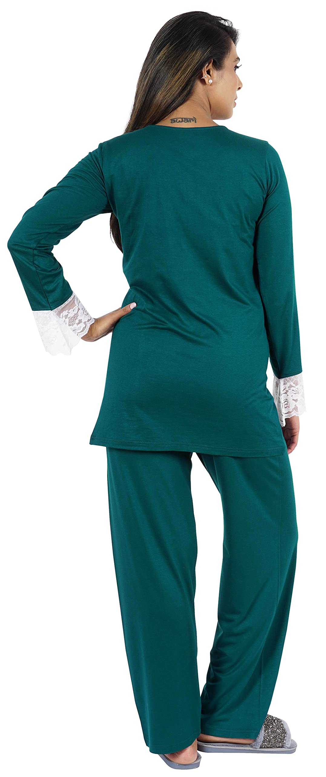 Bimba Women's 2-Piece Solid Nightwear Set - Lace Top & Pajama Pants for Comfortable Sleepwear & Lounge Wear at Home