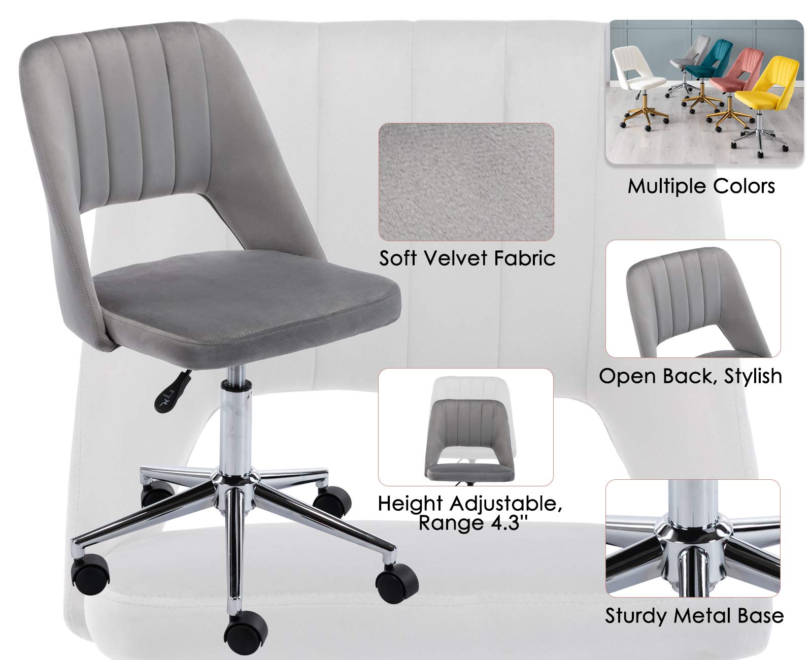 CIMOTA Grey Velvet Armless Desk Chair - Adjustable Height Swivel Office Task Chair for Adults & Teens - Perfect for Study Room, Bedroom, or Home Office Workspace