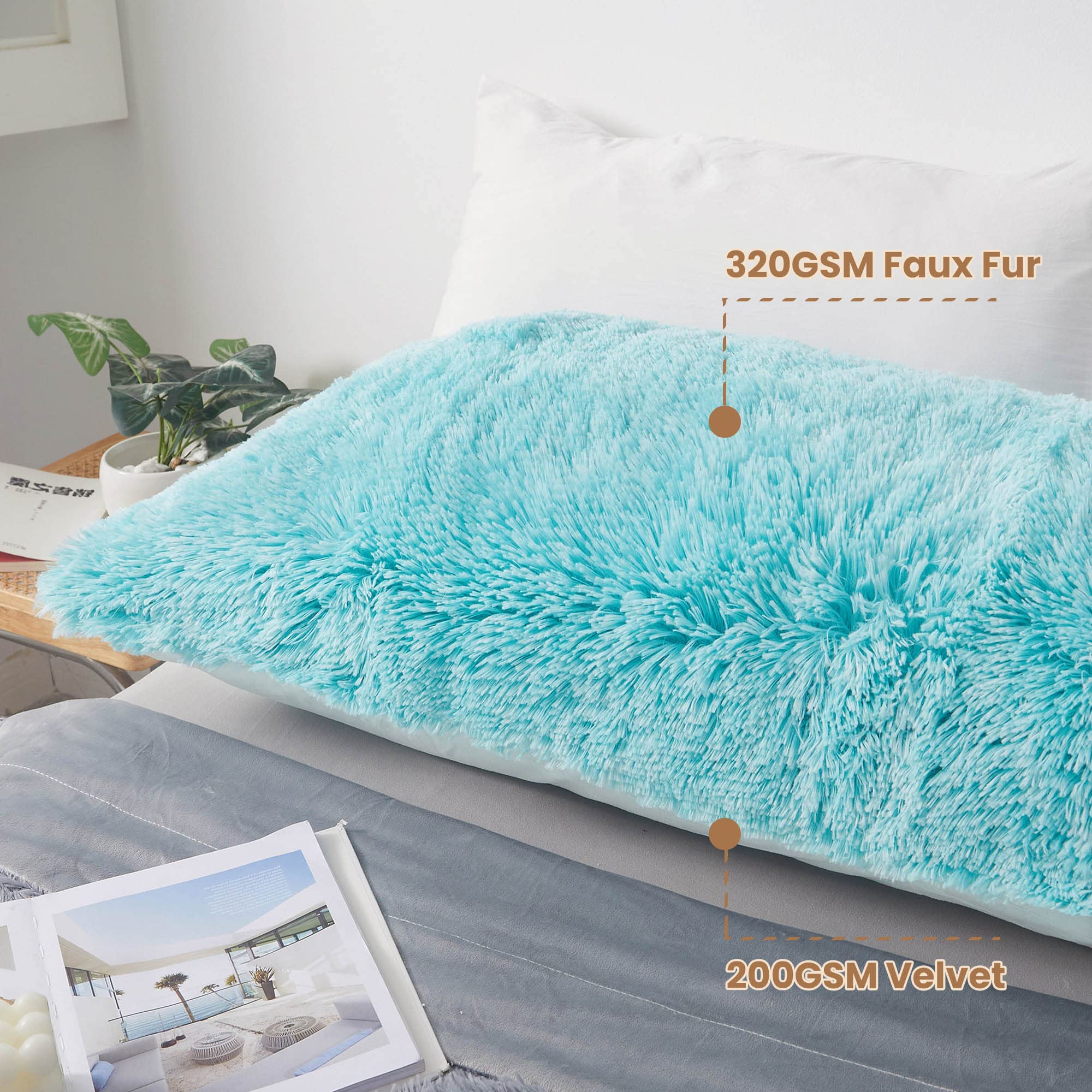 MEGO Shaggy Plush Body Pillow Cover - Mint Faux Fur Fluffy Pillowcase 20x54 Inches, Boho Fuzzy Full Body Pillow Case with Zipper Closure, Ombre Aqua Green - Perfect for Bedroom Decor, Living Room Throw Pillow, Cozy Reading Nook & Nap Time Comfort