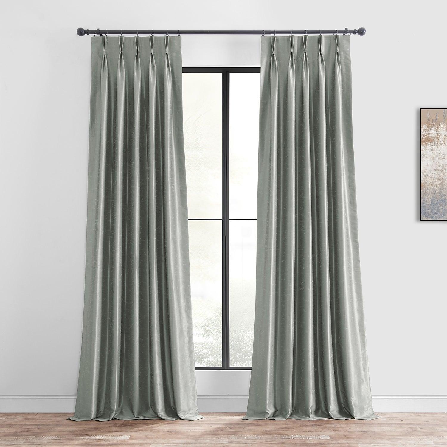 Silver French Pleat Vintage Textured Faux Dupioni Silk Blackout Curtains for Living Room & Bedroom - Light Blocking Thermal Insulated Window Drapes