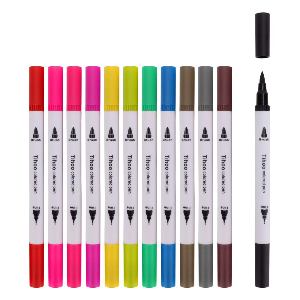 Tihoo 12-Color Dual Tip Brush Markers Set - Fine & Brush Tip Art Pens for Drawing, Illustration, Hand Lettering & Calligraphy | Watercolor Markers for Kids & Adults | Perfect for Journaling, Sketching & Creative Projects
