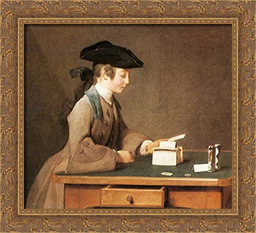 Jean Baptiste Simeon Chardin 22x20 Gold Ornate Wood Framed Canvas Art - The House Of Cards - Elegant Wall Decor for Living Room, Bedroom & Office