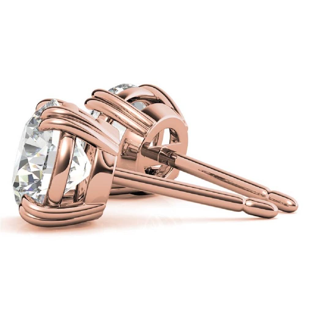 10K/14K/18K Solid Rose Gold Handmade Stud Earrings - 3 TCW Round Cut Moissanite Diamond Earrings for Women - Solitaire Anniversary, Engagement & Birthday Gift Jewelry - Push/Screw Back Dual Prong Setting - Perfect for Weddings, Date Nights & Special Occasions